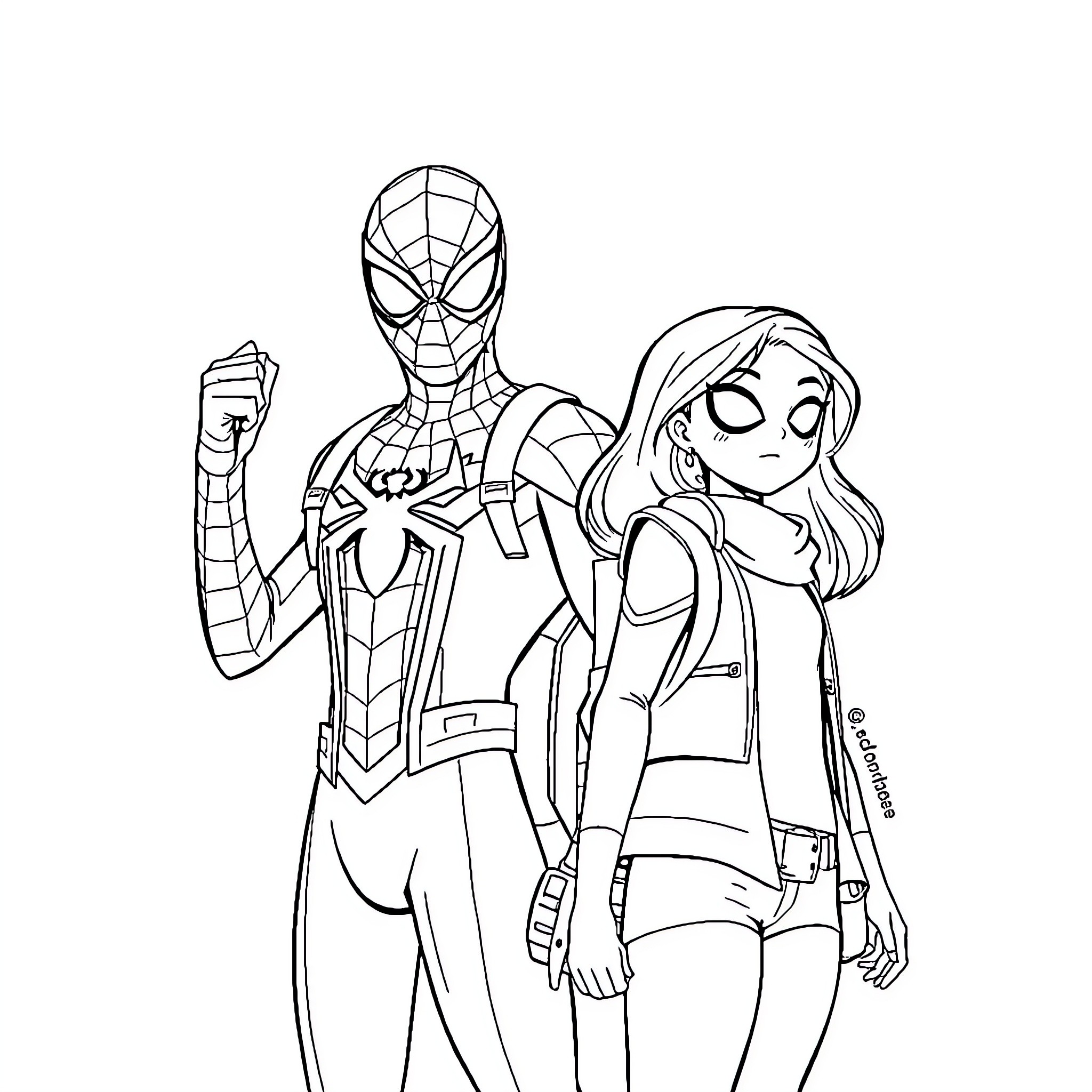 Spiderman and female companion in heroic poses Coloring Page (free black-and-white line drawing printable PDF for all, from beginners to advanced learners, including children, teens, adults, and seniors)