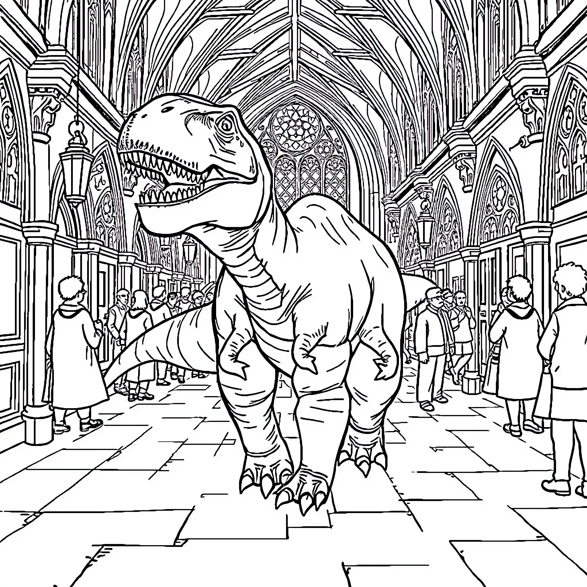 Dinosaur roaming through a grand cathedral Coloring Page (free black-and-white line drawing printable PDF for all, from beginners to advanced learners, including children, teens, adults, and seniors)