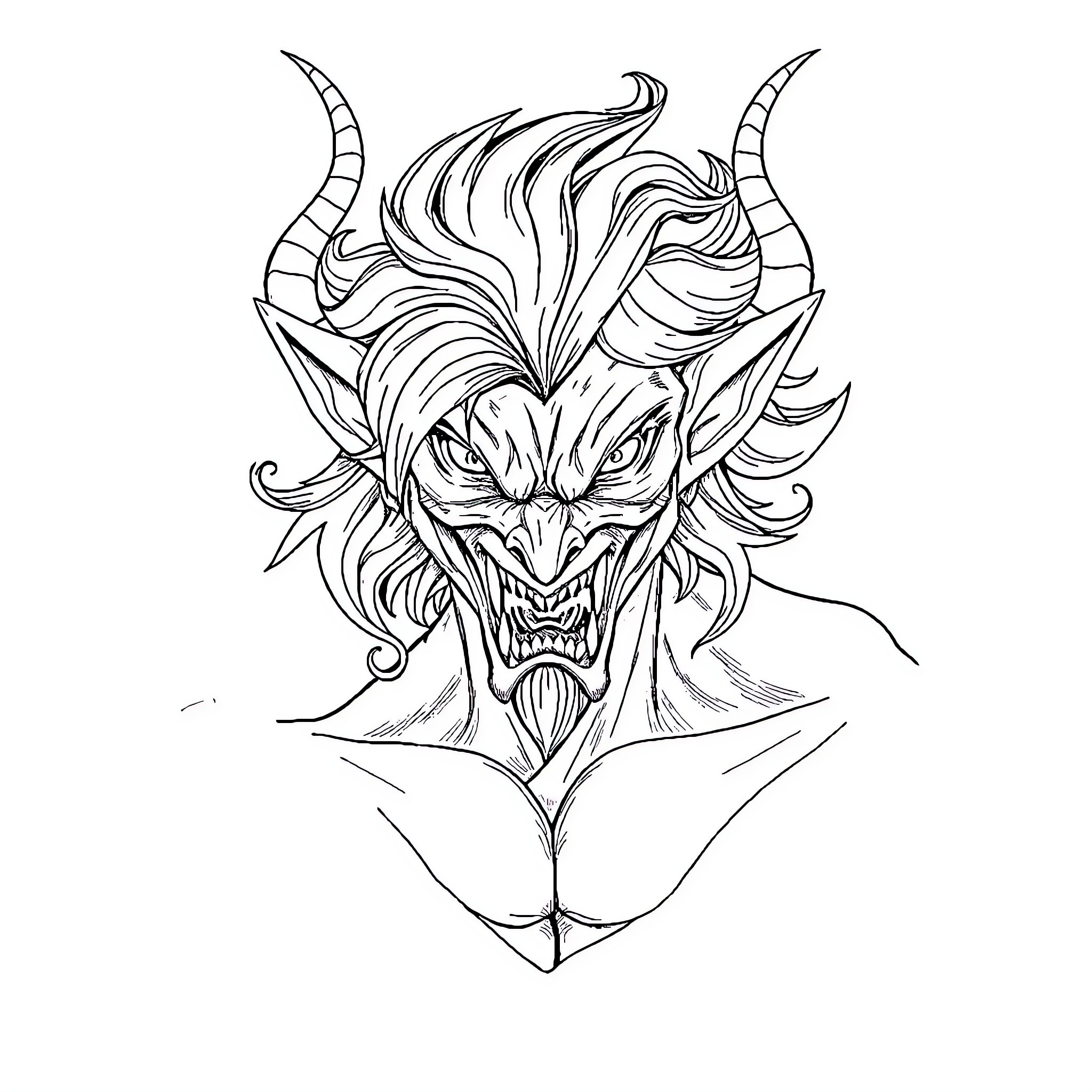 Akaza's Demonic Visage: Intense Expressions and Fiery Horns Coloring Page (free black-and-white line drawing printable PDF for all, from beginners to advanced learners, including children, teens, adults, and seniors)