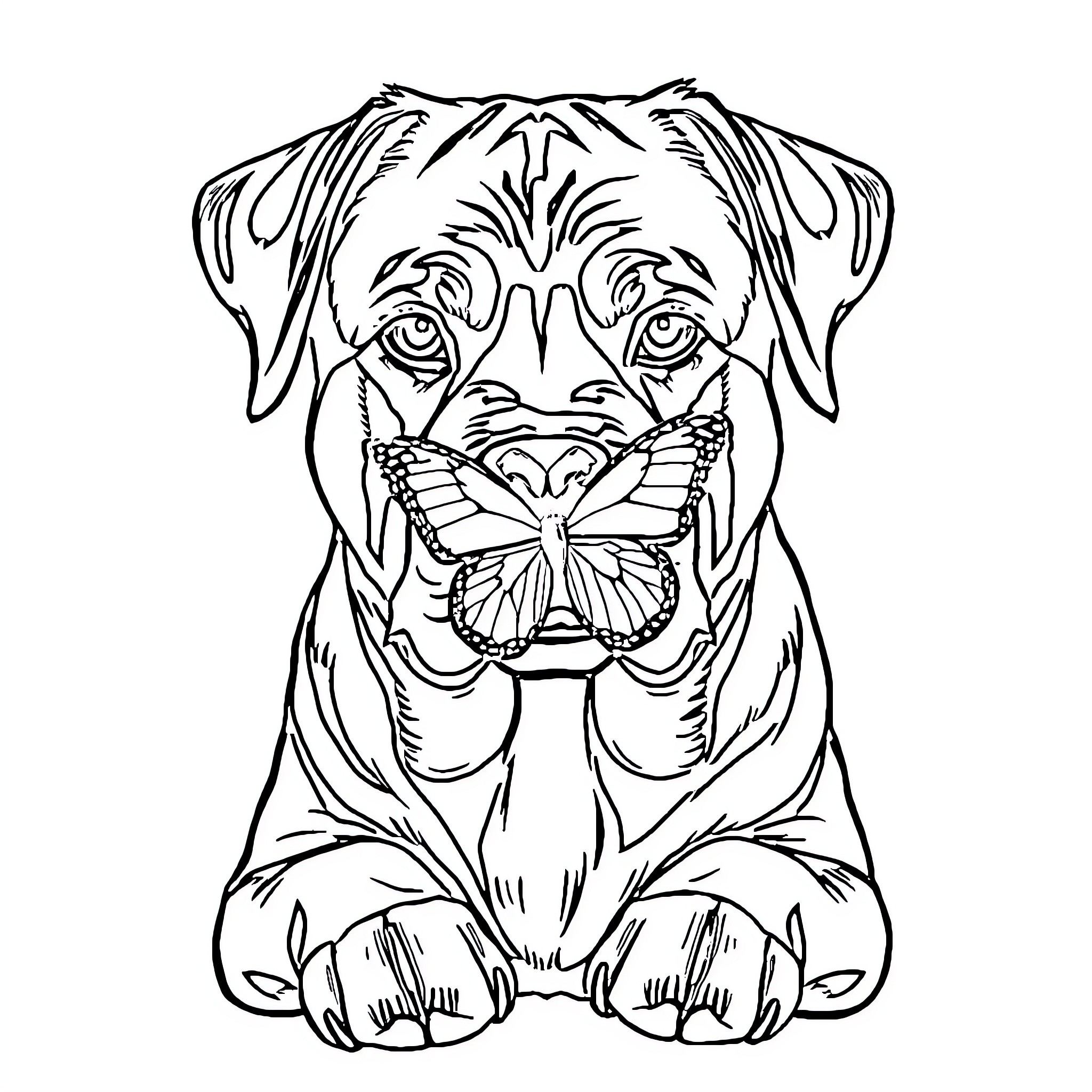 Rottweiler playing with butterfly on its face Coloring Page (free black-and-white line drawing printable PDF for all, from beginners to advanced learners, including children, teens, adults, and seniors)