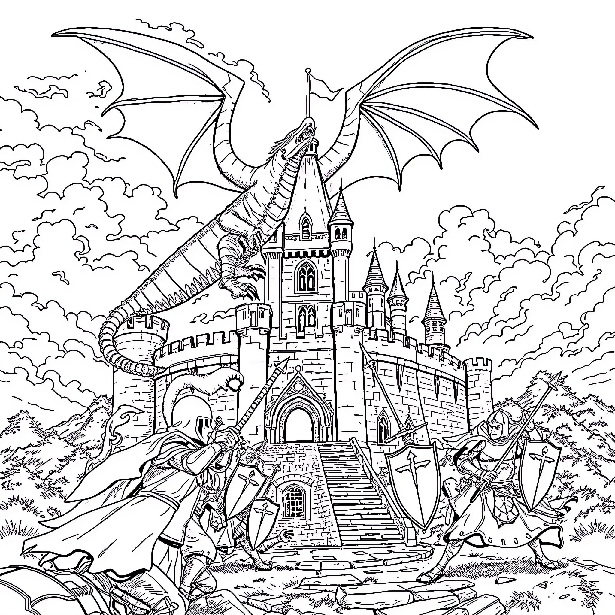 Dragon guarding a majestic castle in the clouds Coloring Page (free black-and-white line drawing printable PDF for all, from beginners to advanced learners, including children, teens, adults, and seniors)
