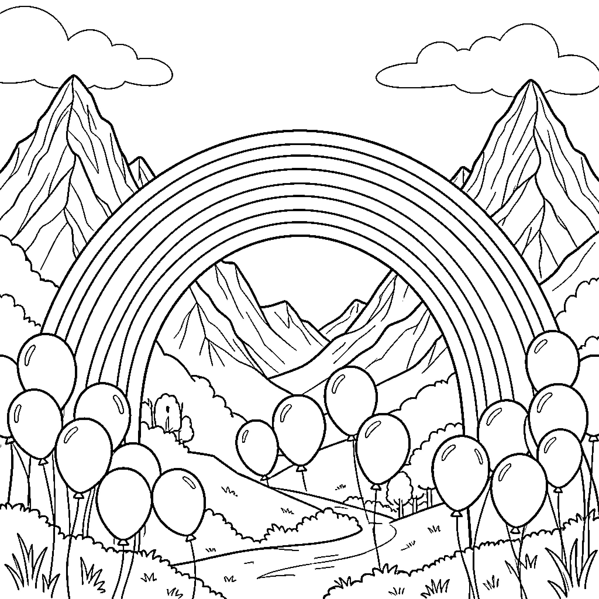 Rainbow-Filled Celebration in the Mountains Coloring Page (free black-and-white line drawing printable PDF for all, from beginners to advanced learners, including children, teens, adults, and seniors)