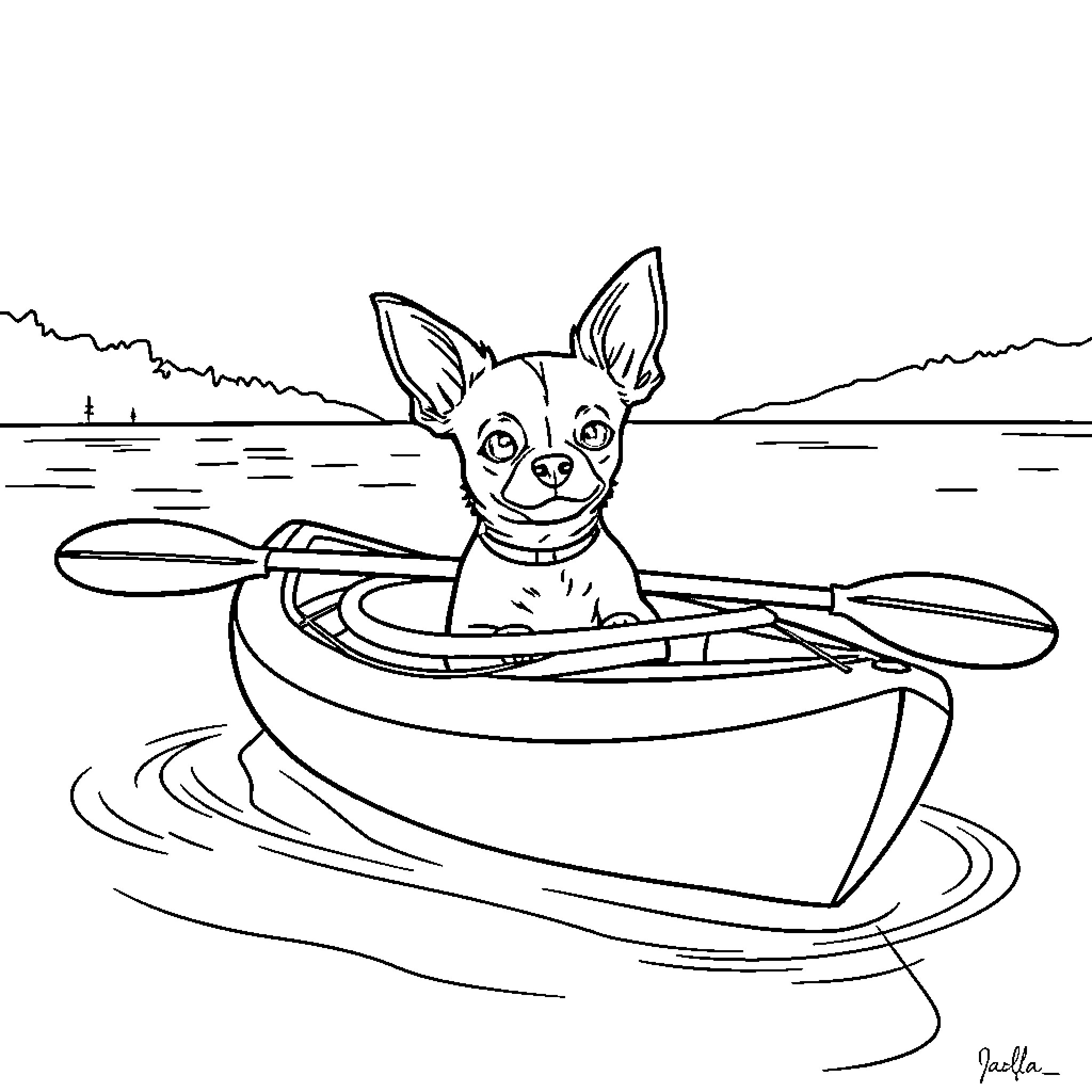 Chihuahua paddling playfully in a small boat Coloring Page (free black-and-white line drawing printable PDF for all, from beginners to advanced learners, including children, teens, adults, and seniors)