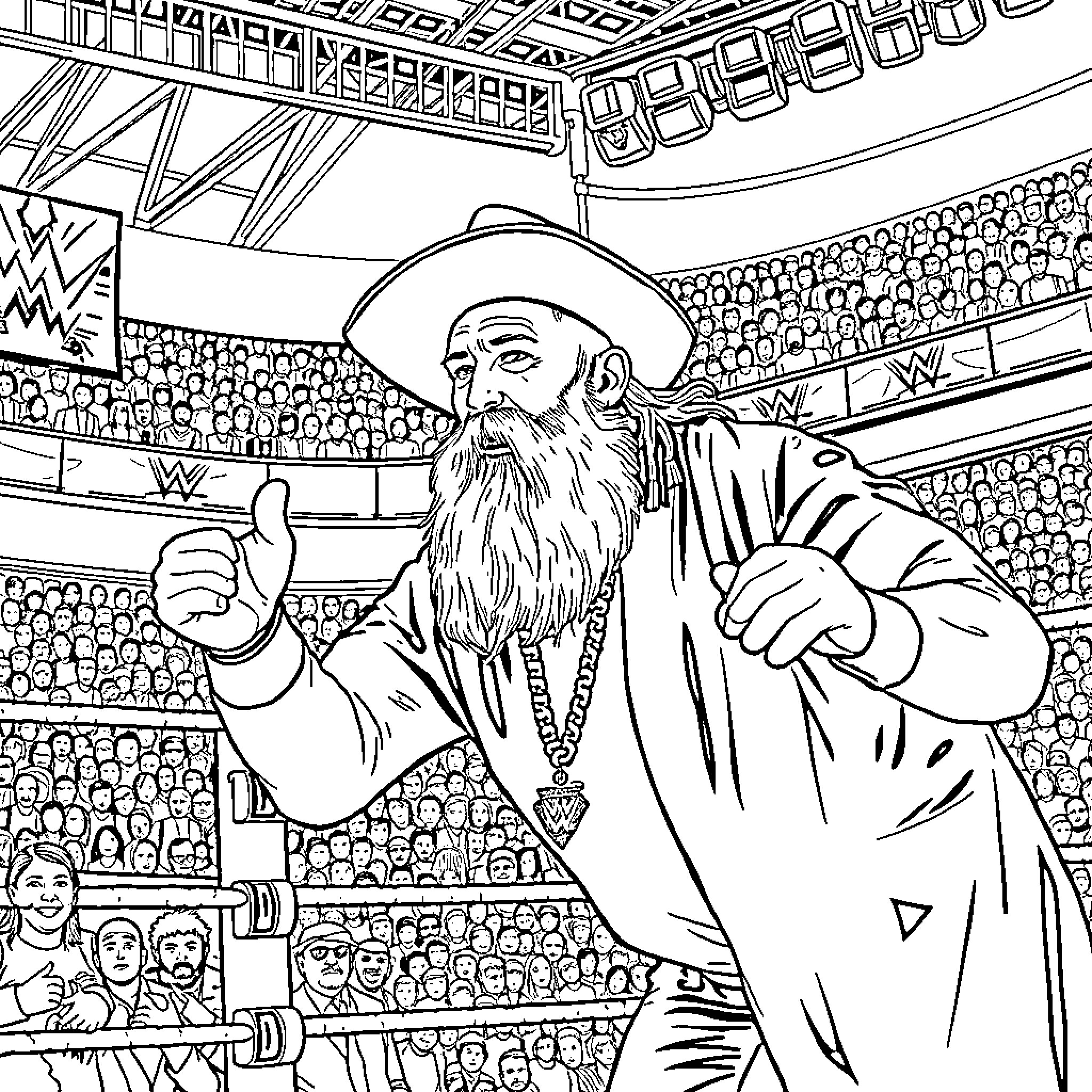 Man with beard in wrestling arena Coloring Page (free black-and-white line drawing printable PDF for all, from beginners to advanced learners, including children, teens, adults, and seniors)