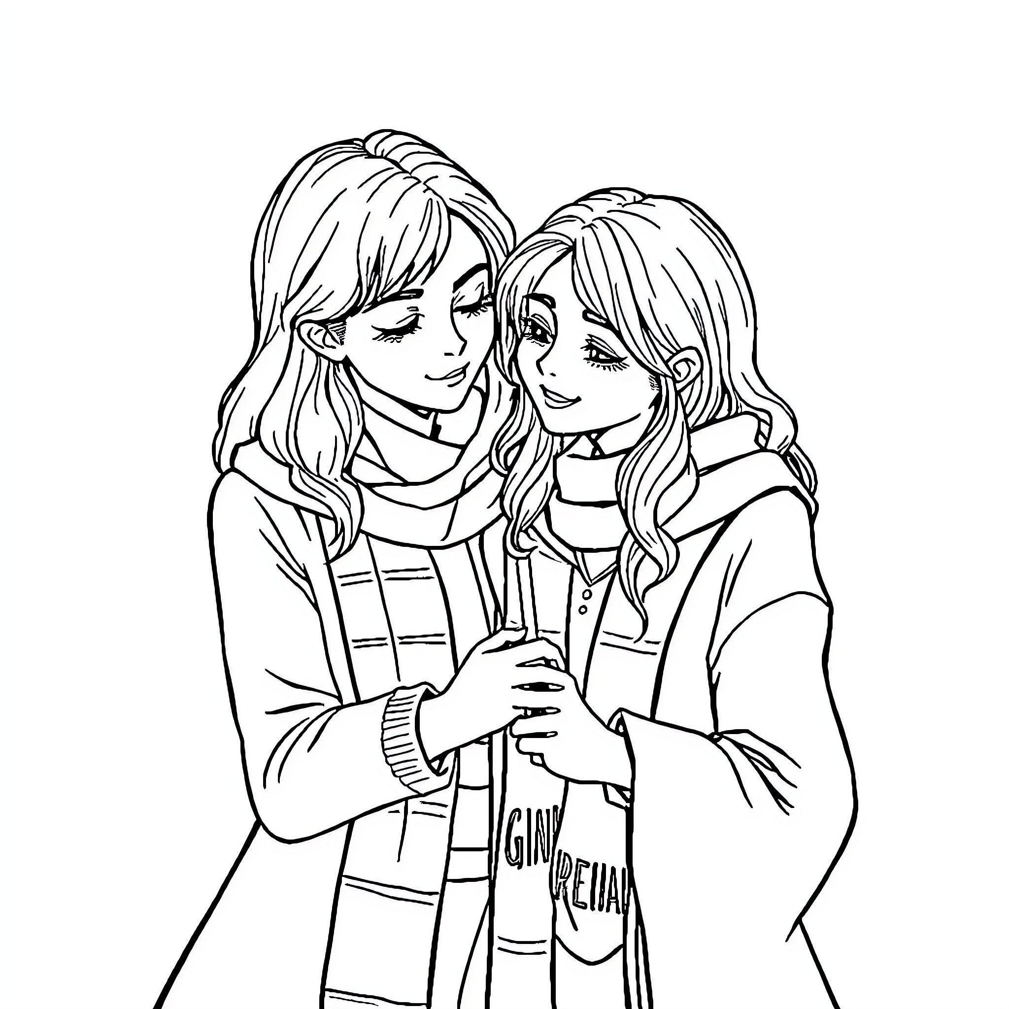 Hermione Granger and her friend embrace affectionately Coloring Page (free black-and-white line drawing printable PDF for all, from beginners to advanced learners, including children, teens, adults, and seniors)