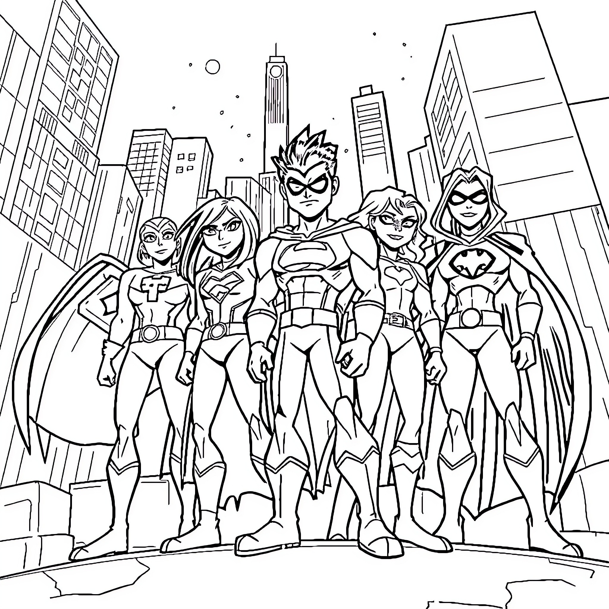 Teen Titans in Action Pose with City Skyline Coloring Page (free black-and-white line drawing printable PDF for all, from beginners to advanced learners, including children, teens, adults, and seniors)