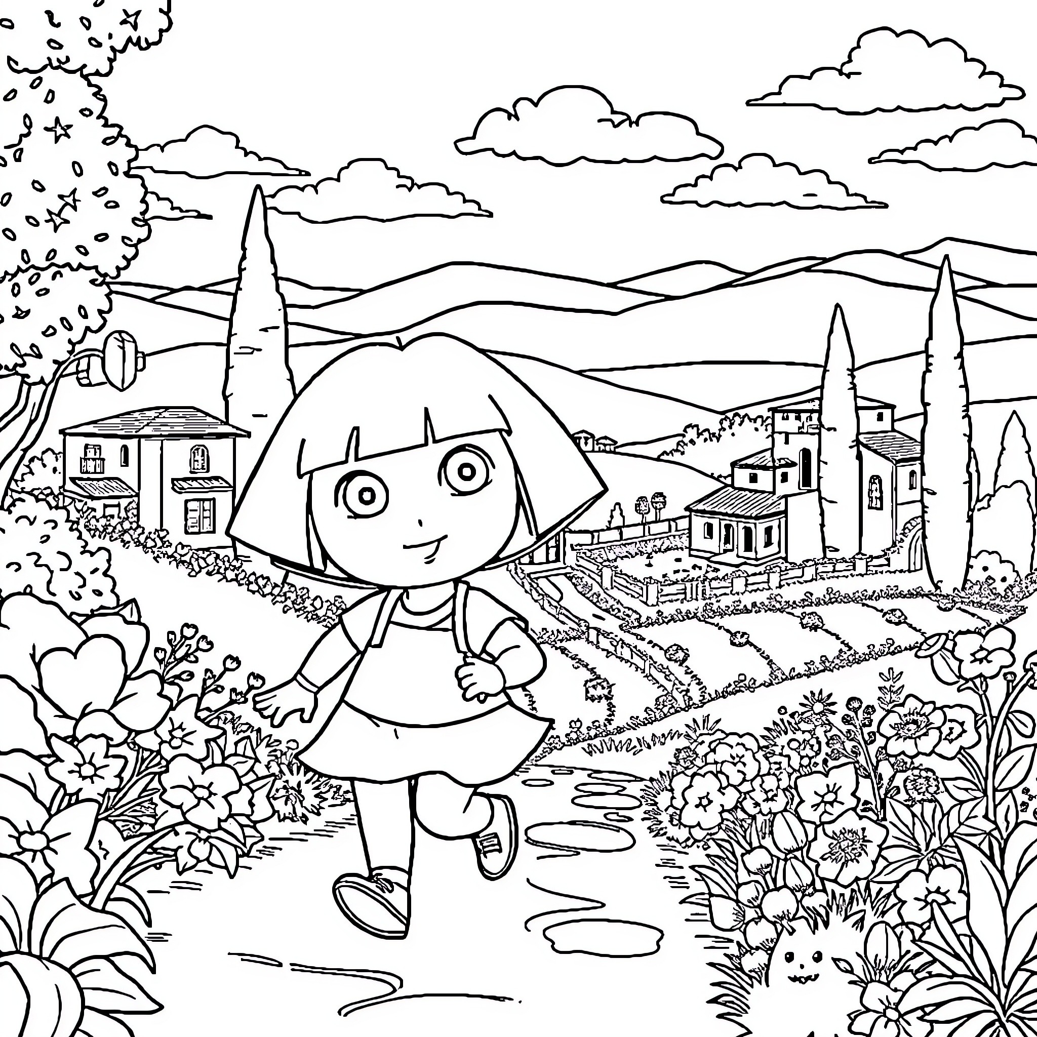 Dora exploring the scenic countryside landscape Coloring Page (free black-and-white line drawing printable PDF for all, from beginners to advanced learners, including children, teens, adults, and seniors)