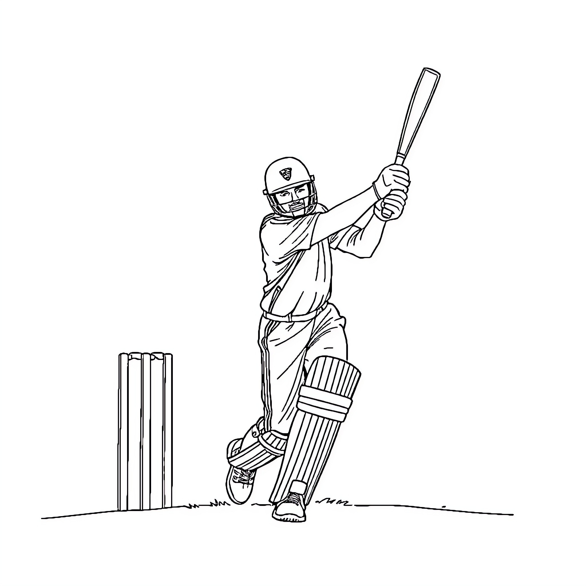 Cricbuzz Batsman Poised for Action on Field Coloring Page (free black-and-white line drawing printable PDF for all, from beginners to advanced learners, including children, teens, adults, and seniors)