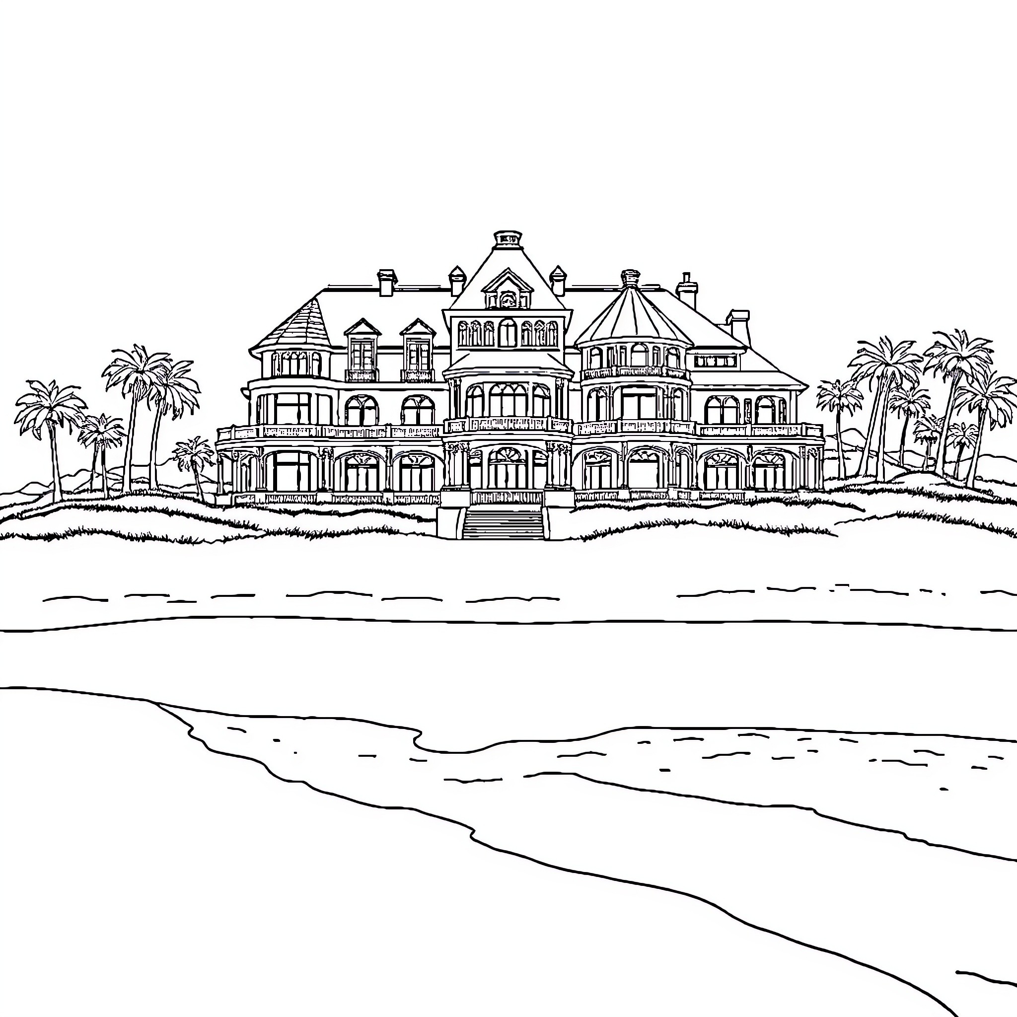 Mansion by the Beach with Palm Trees Coloring Page (free black-and-white line drawing printable PDF for all, from beginners to advanced learners, including children, teens, adults, and seniors)