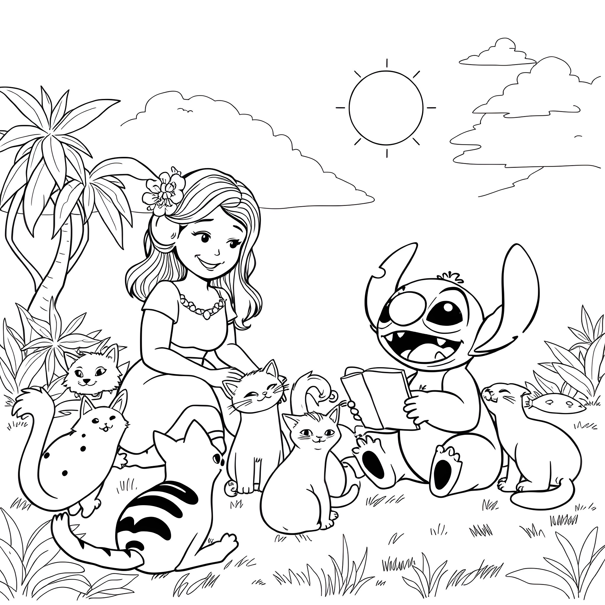 Lilo and her animal companions in a tropical scene Coloring Page (free black-and-white line drawing printable PDF for all, from beginners to advanced learners, including children, teens, adults, and seniors)