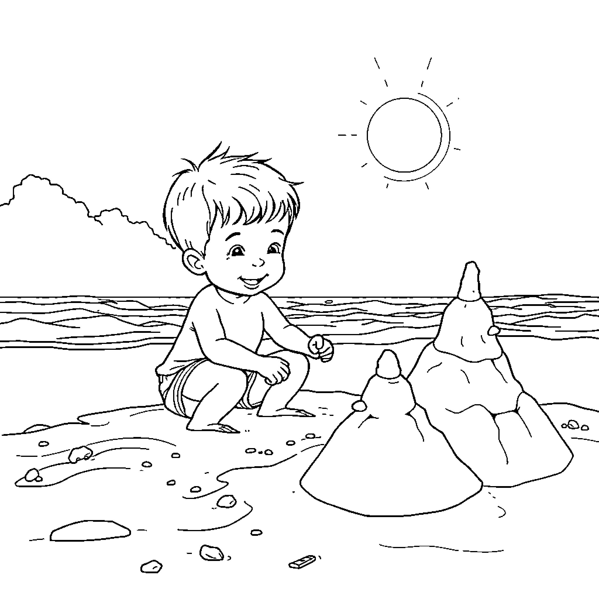 Child playing happily on the beach Coloring Page (free black-and-white line drawing printable PDF for all, from beginners to advanced learners, including children, teens, adults, and seniors)