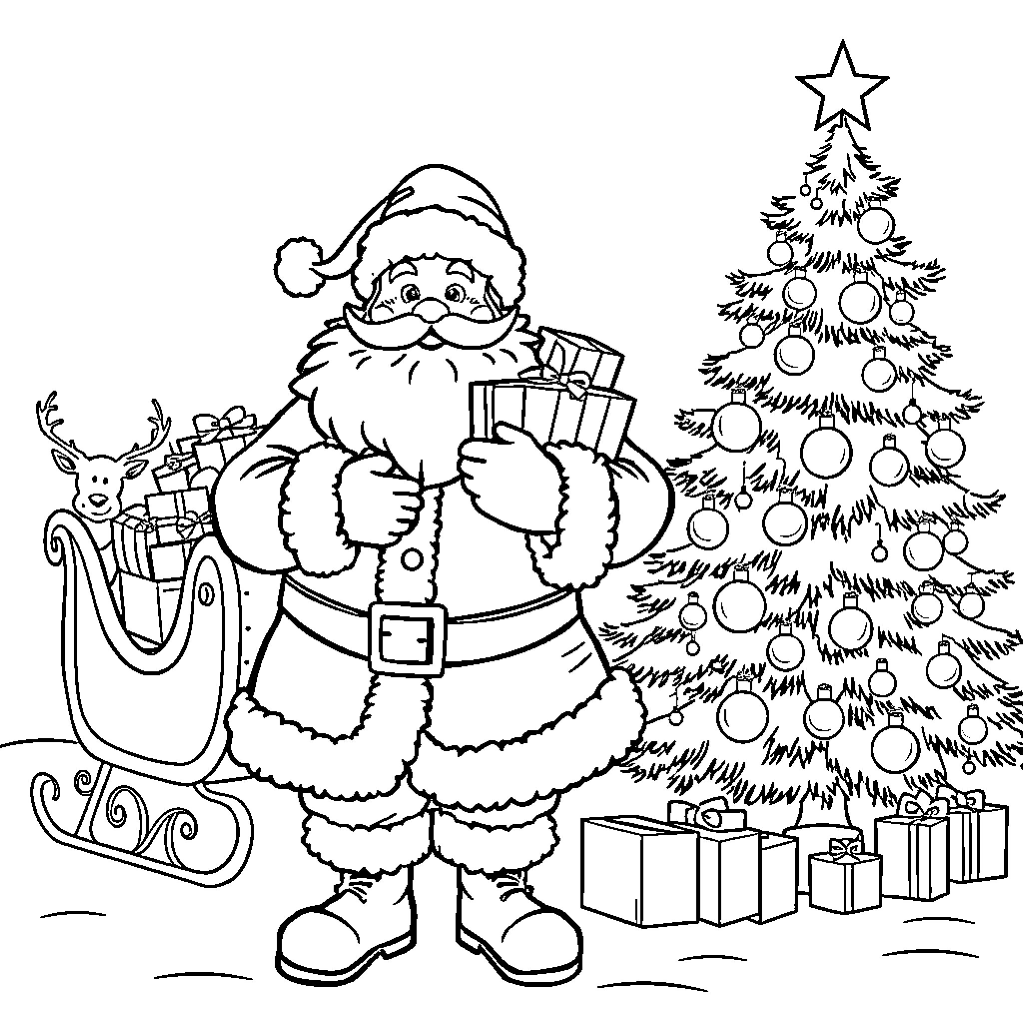 Santa Claus delivering presents by the Christmas tree Coloring Page (free black-and-white line drawing printable PDF for all, from beginners to advanced learners, including children, teens, adults, and seniors)