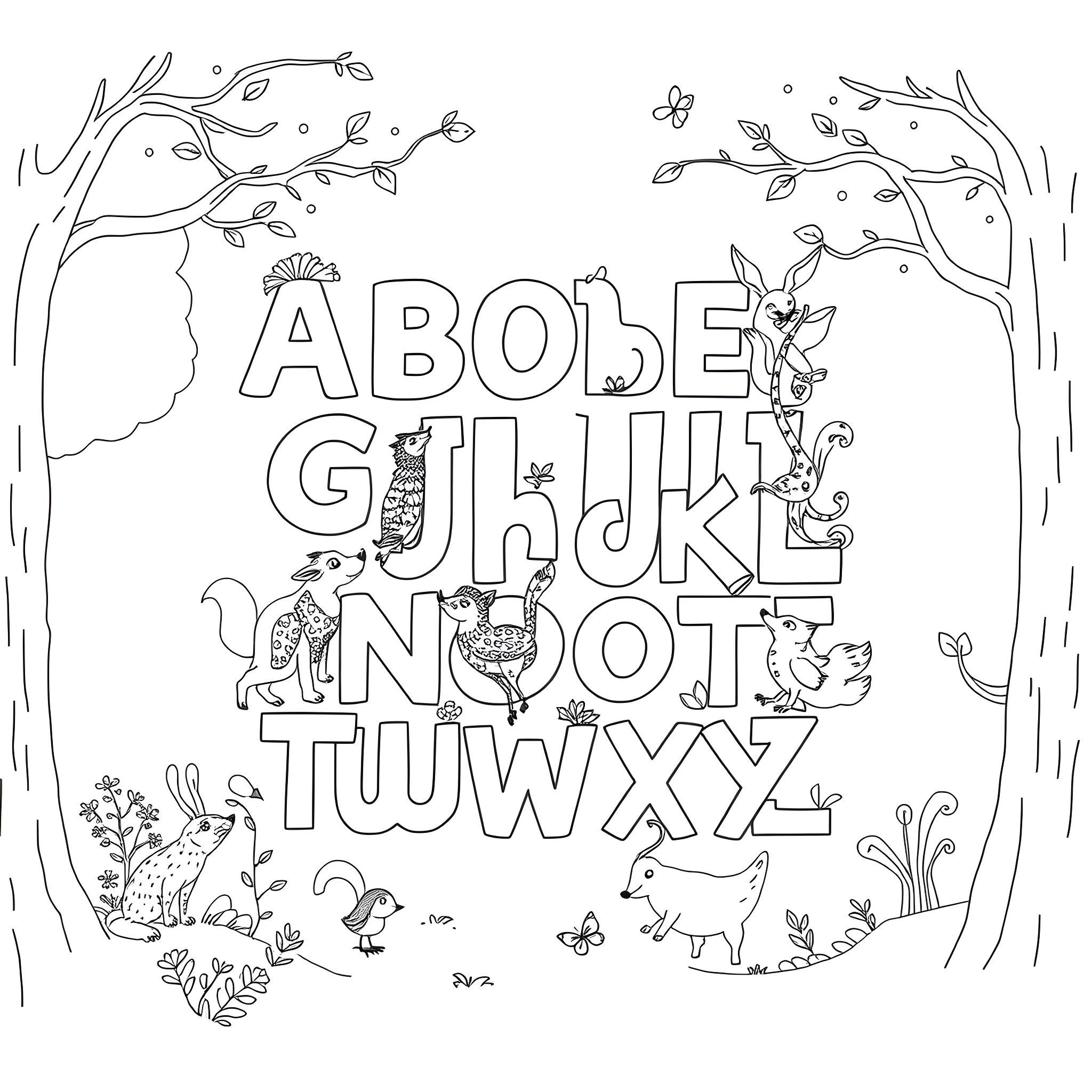 Animal playing with letters in the forest Coloring Page (free black-and-white line drawing printable PDF for all, from beginners to advanced learners, including children, teens, adults, and seniors)