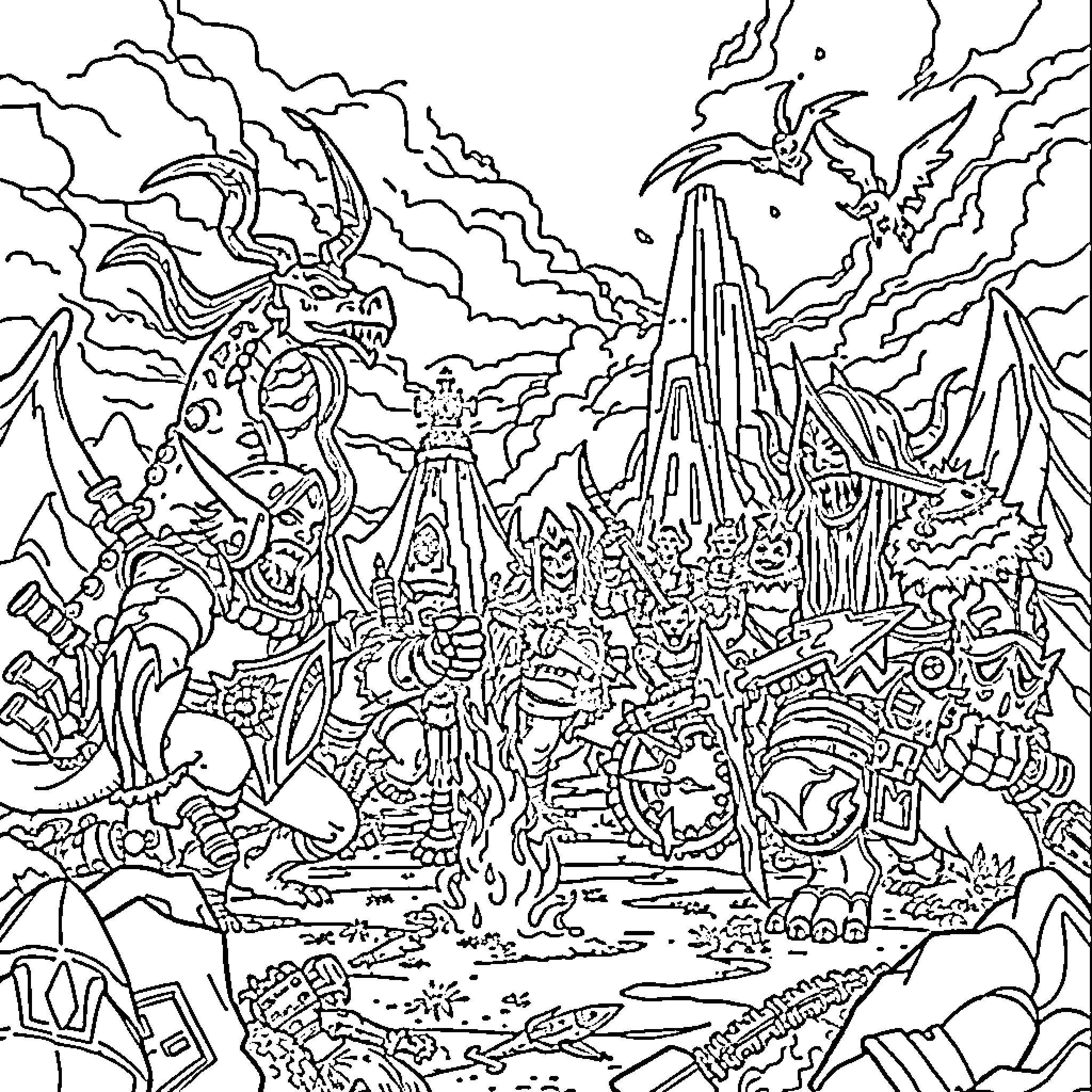 World of Warcraft: Fantastical Realm of Monsters and Structures Coloring Page (free black-and-white line drawing printable PDF for all, from beginners to advanced learners, including children, teens, adults, and seniors)
