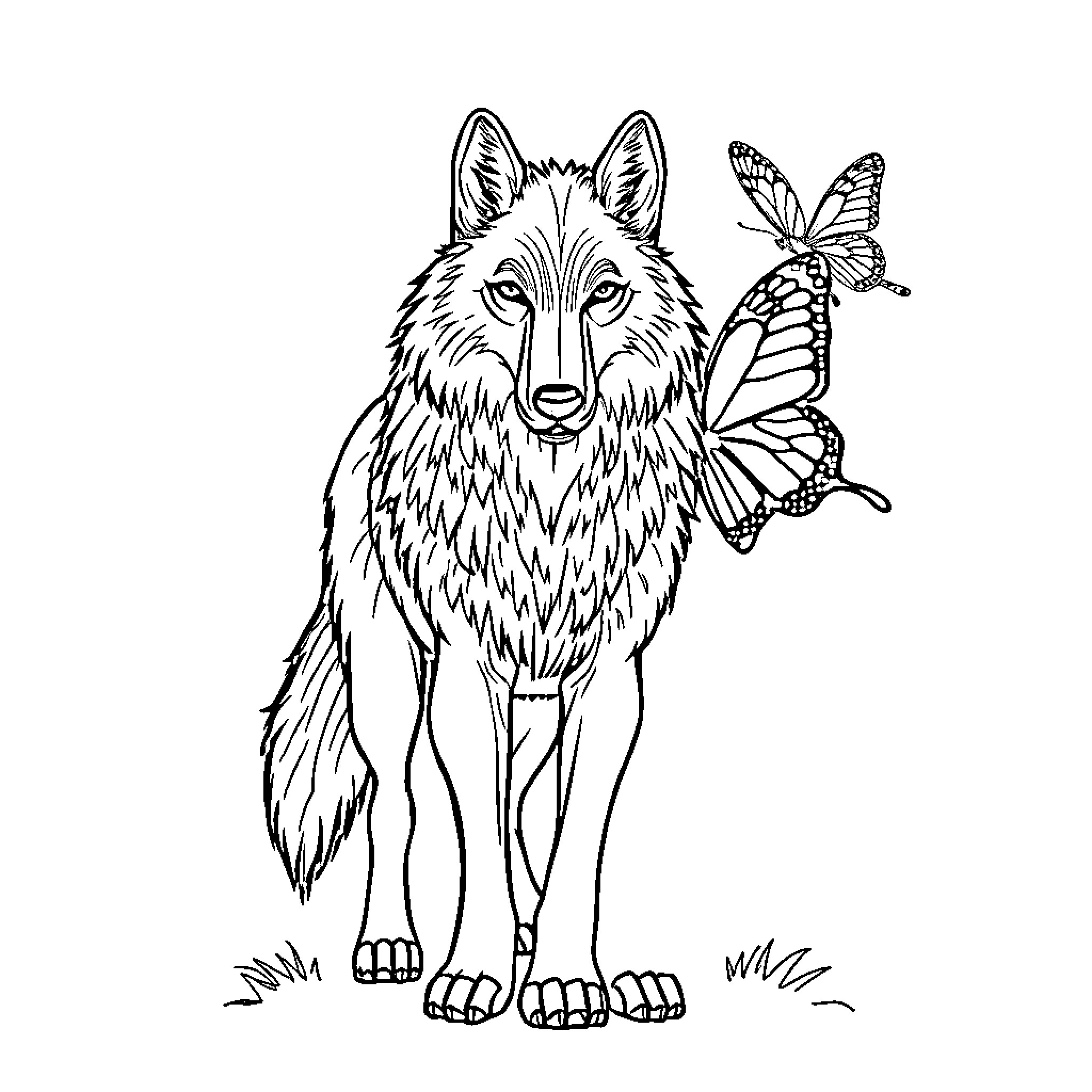 Wolf with colorful butterfly Coloring Page (free black-and-white line drawing printable PDF for all, from beginners to advanced learners, including children, teens, adults, and seniors)