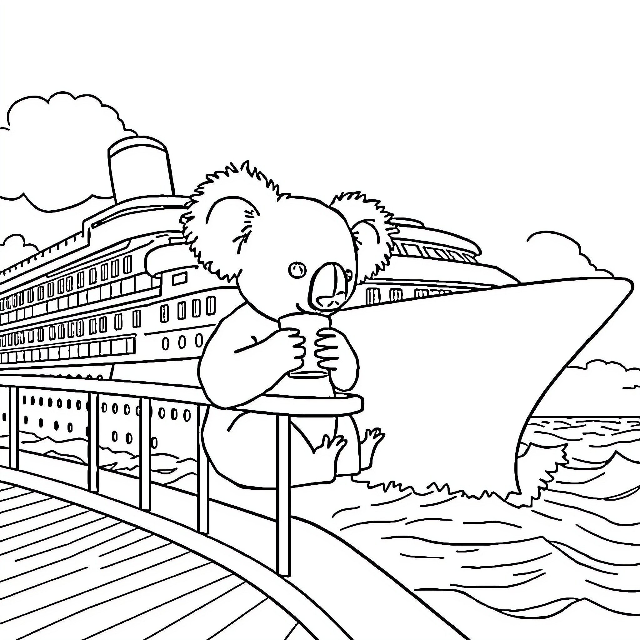Koala exploring a cruise ship on the ocean Coloring Page (free black-and-white line drawing printable PDF for all, from beginners to advanced learners, including children, teens, adults, and seniors)