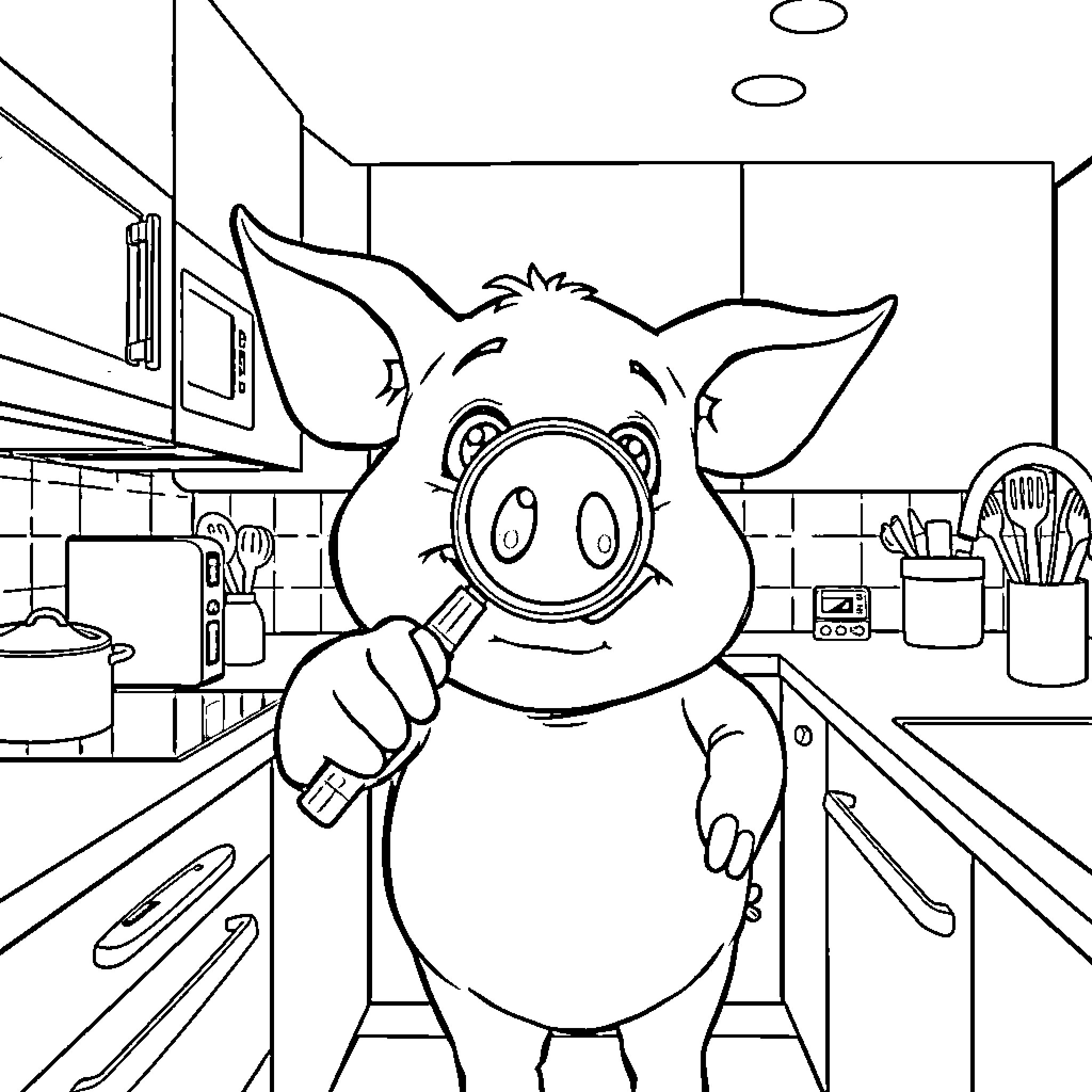 Pig in the kitchen preparing a meal Coloring Page (free black-and-white line drawing printable PDF for all, from beginners to advanced learners, including children, teens, adults, and seniors)