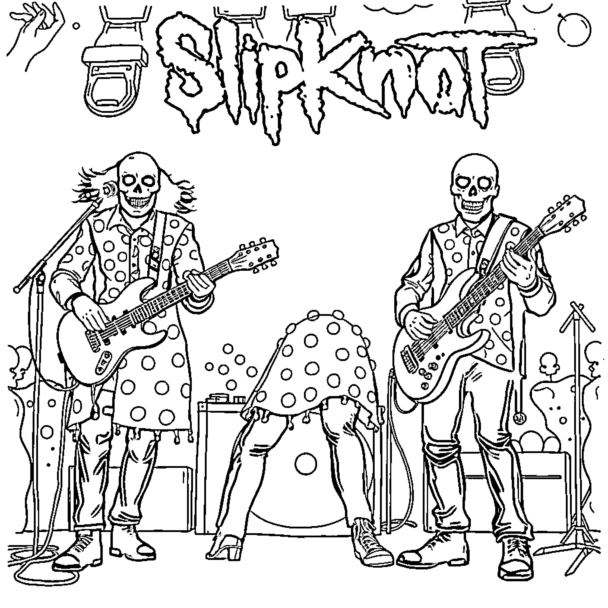 Slipknot band members performing on stage Coloring Page (free black-and-white line drawing printable PDF for all, from beginners to advanced learners, including children, teens, adults, and seniors)