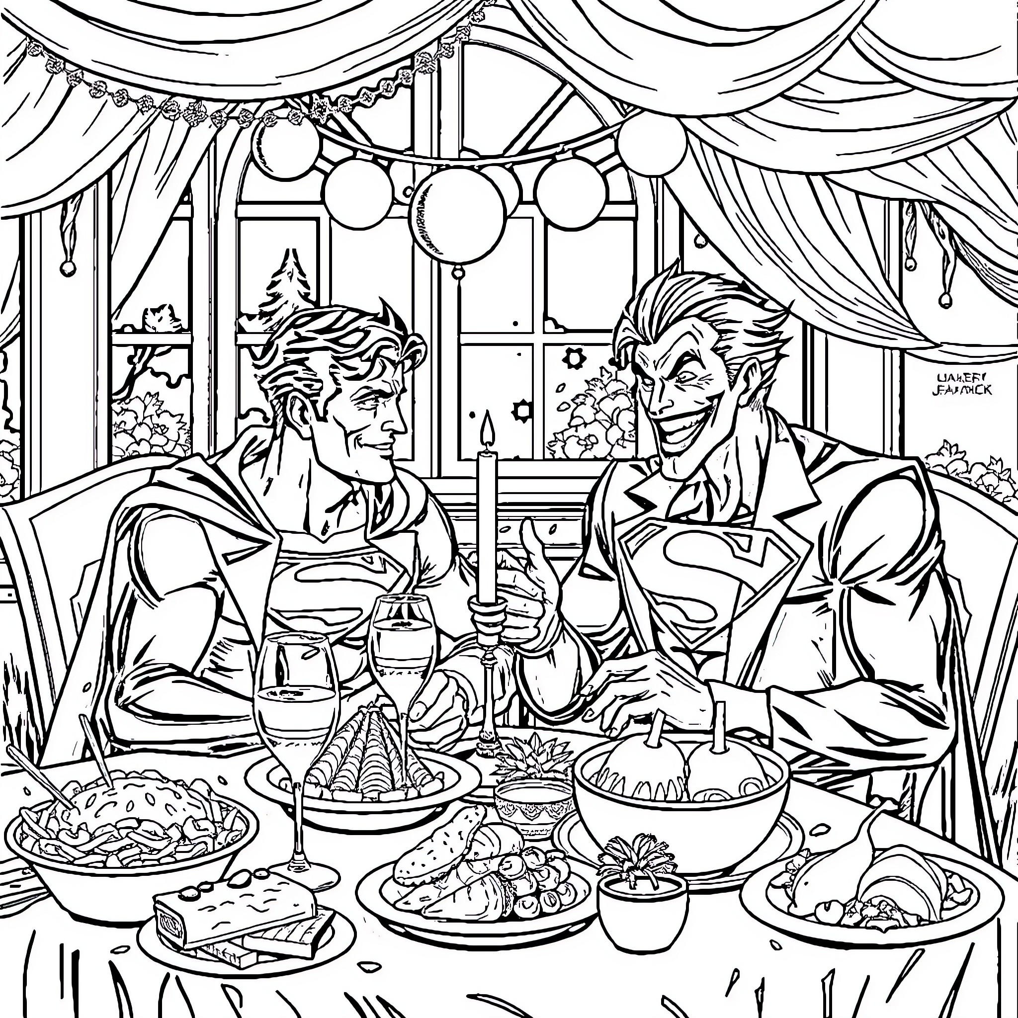 Superman and Joker's Lavish Feast Coloring Page (free black-and-white line drawing printable PDF for all, from beginners to advanced learners, including children, teens, adults, and seniors)