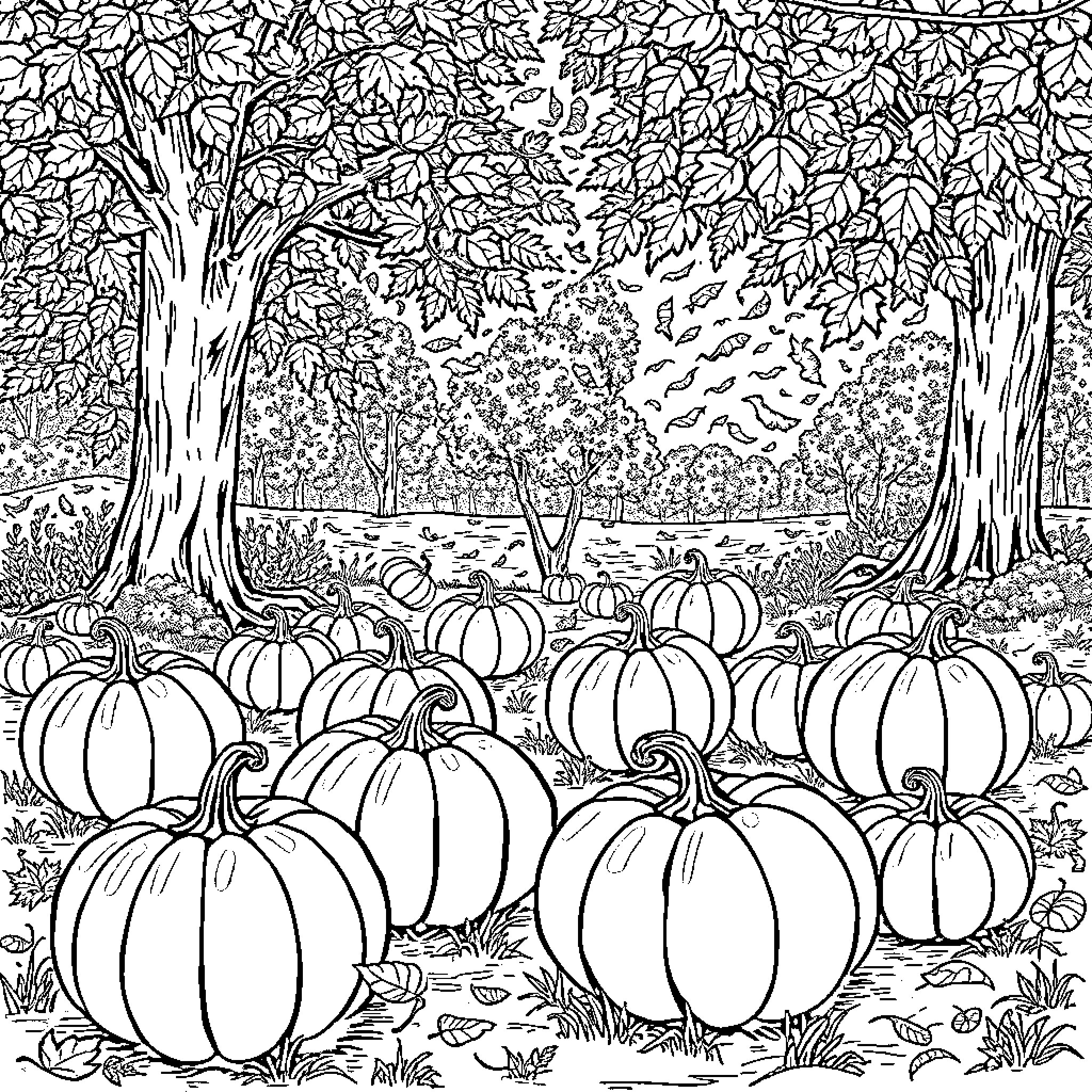 Pumpkins scattered in an autumn landscape Coloring Page (free black-and-white line drawing printable PDF for all, from beginners to advanced learners, including children, teens, adults, and seniors)