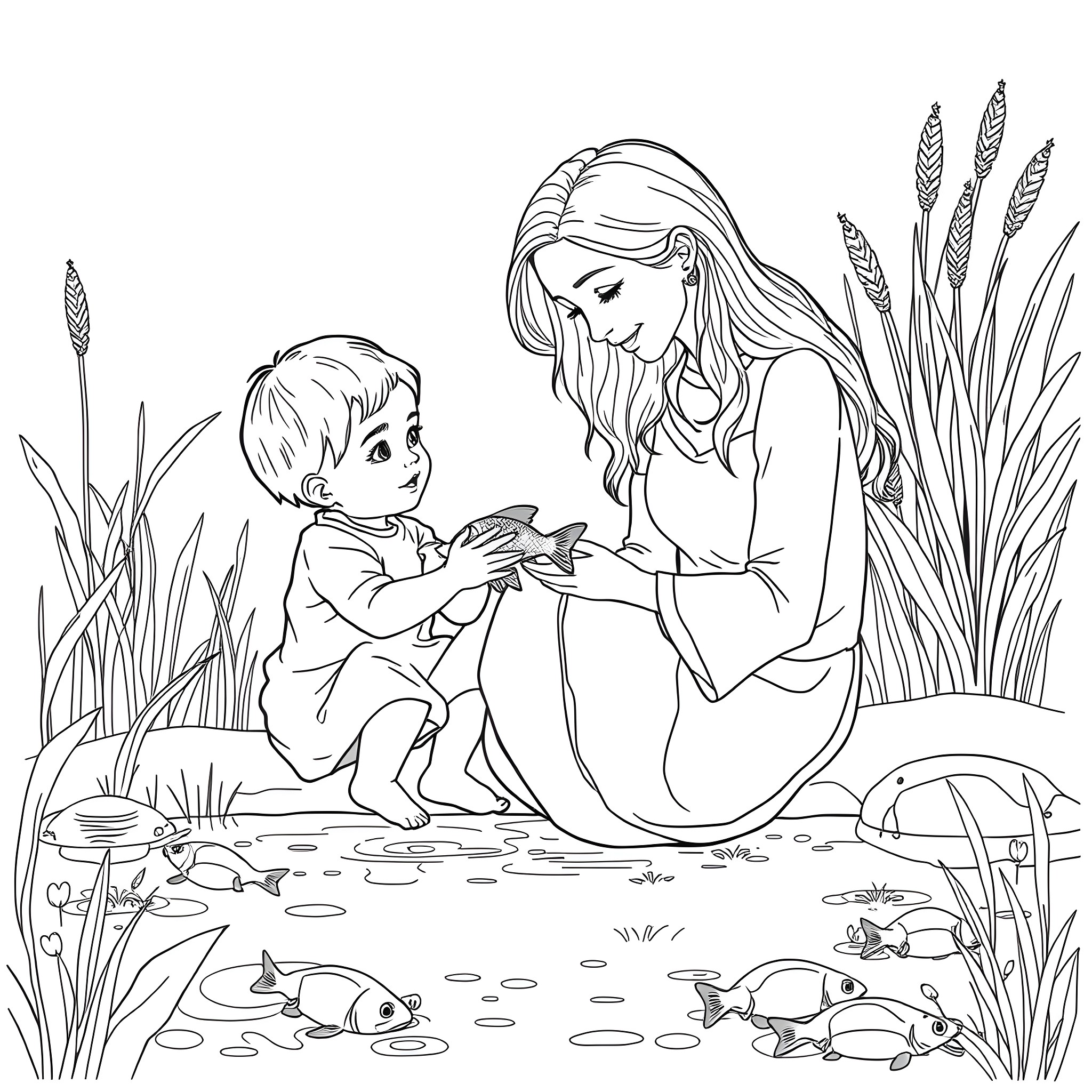 Mother and child playing by the pond Coloring Page (free black-and-white line drawing printable PDF for all, from beginners to advanced learners, including children, teens, adults, and seniors)