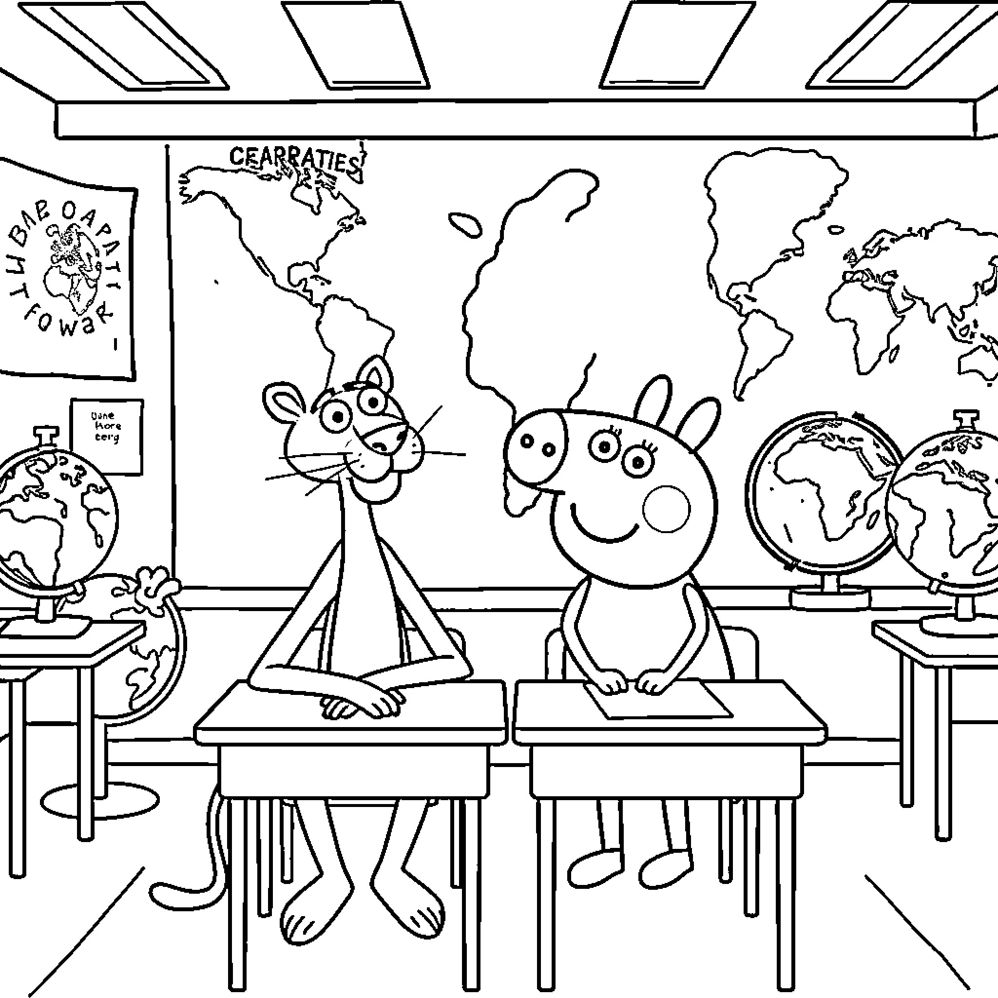 Pink Panther characters explore classroom geography Coloring Page (free black-and-white line drawing printable PDF for all, from beginners to advanced learners, including children, teens, adults, and seniors)