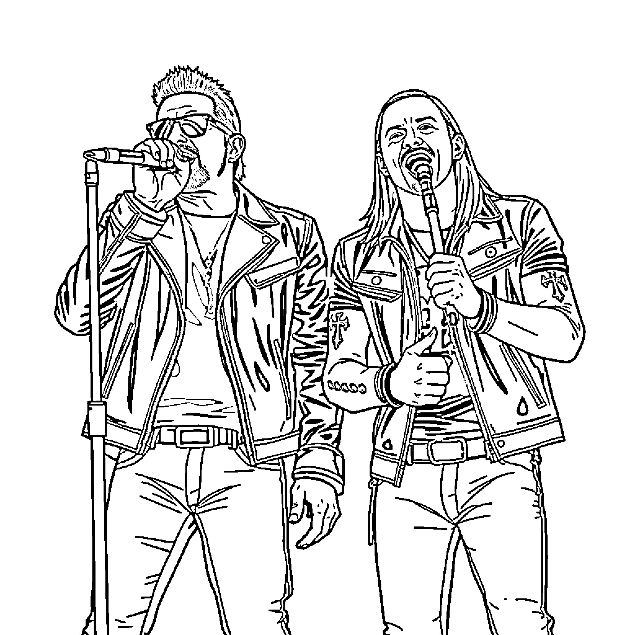 Axl Rose performing on stage with bandmates Coloring Page (free black-and-white line drawing printable PDF for all, from beginners to advanced learners, including children, teens, adults, and seniors)