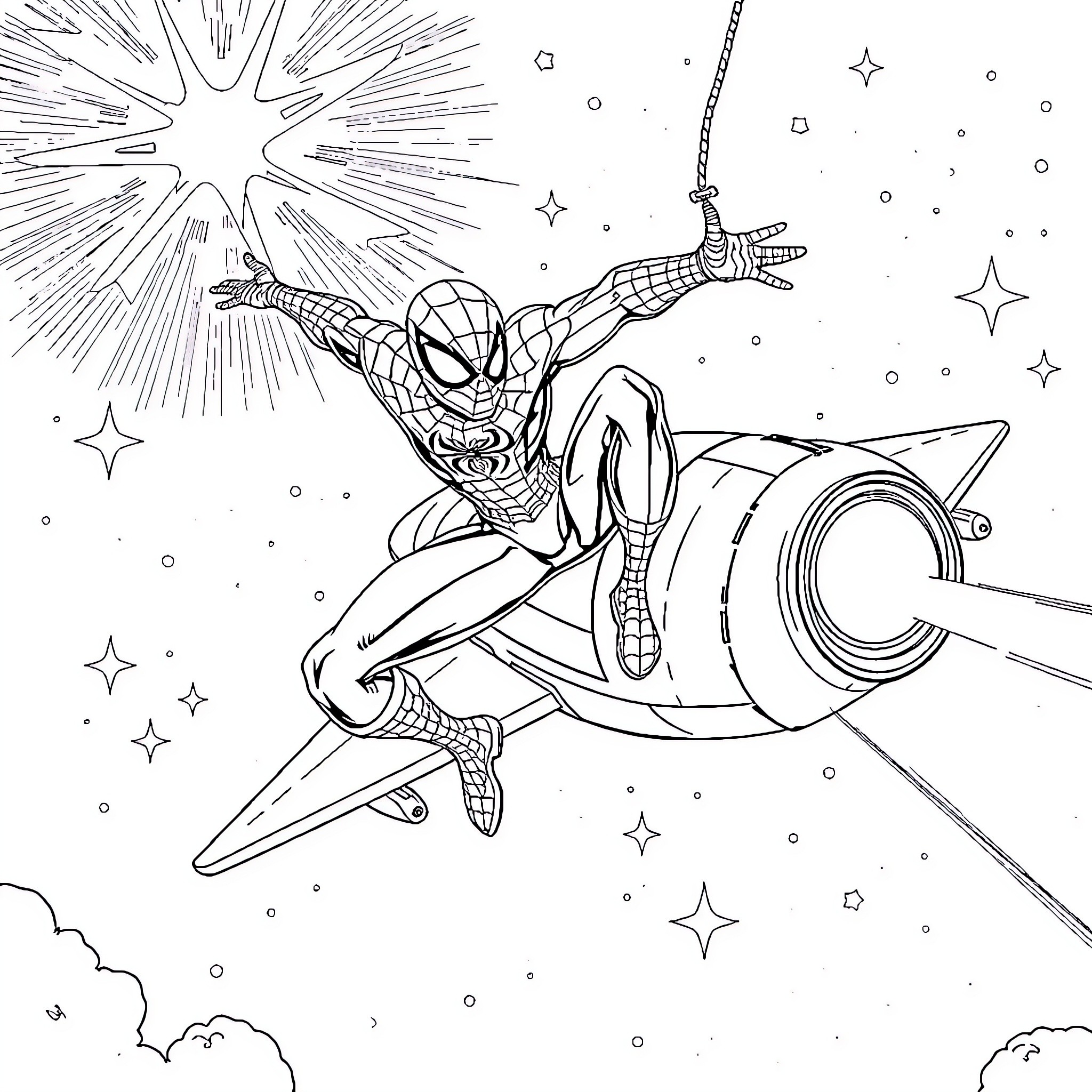 Spider-Man swinging through the cosmos on a futuristic vehicle Coloring Page (free black-and-white line drawing printable PDF for all, from beginners to advanced learners, including children, teens, adults, and seniors)