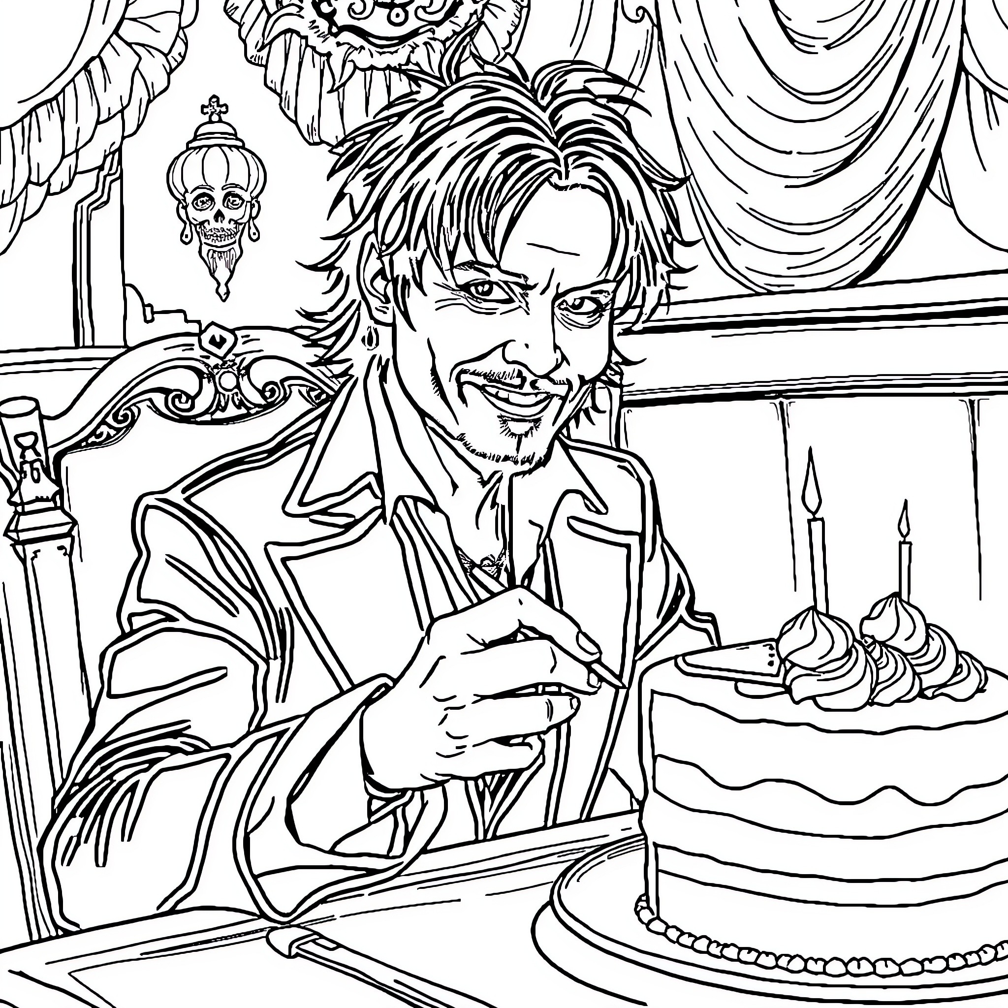 Johnny Depp enjoying a decadent cake in an opulent setting Coloring Page (free black-and-white line drawing printable PDF for all, from beginners to advanced learners, including children, teens, adults, and seniors)
