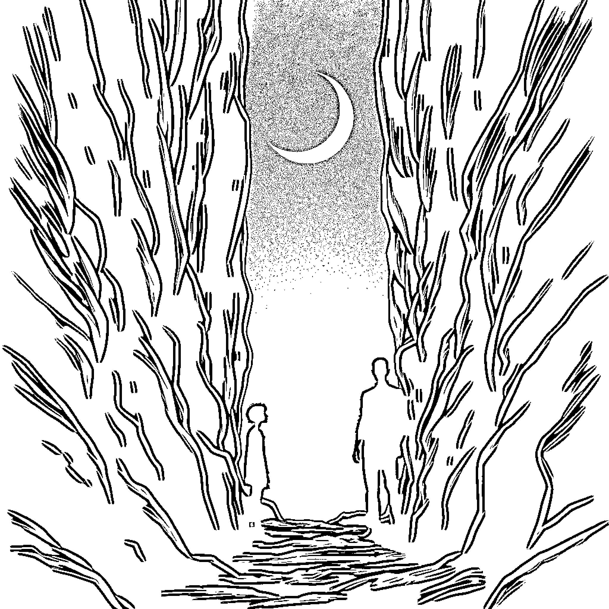 Canyon Silhouettes Under Crescent Moon Coloring Page (free black-and-white line drawing printable PDF for all, from beginners to advanced learners, including children, teens, adults, and seniors)