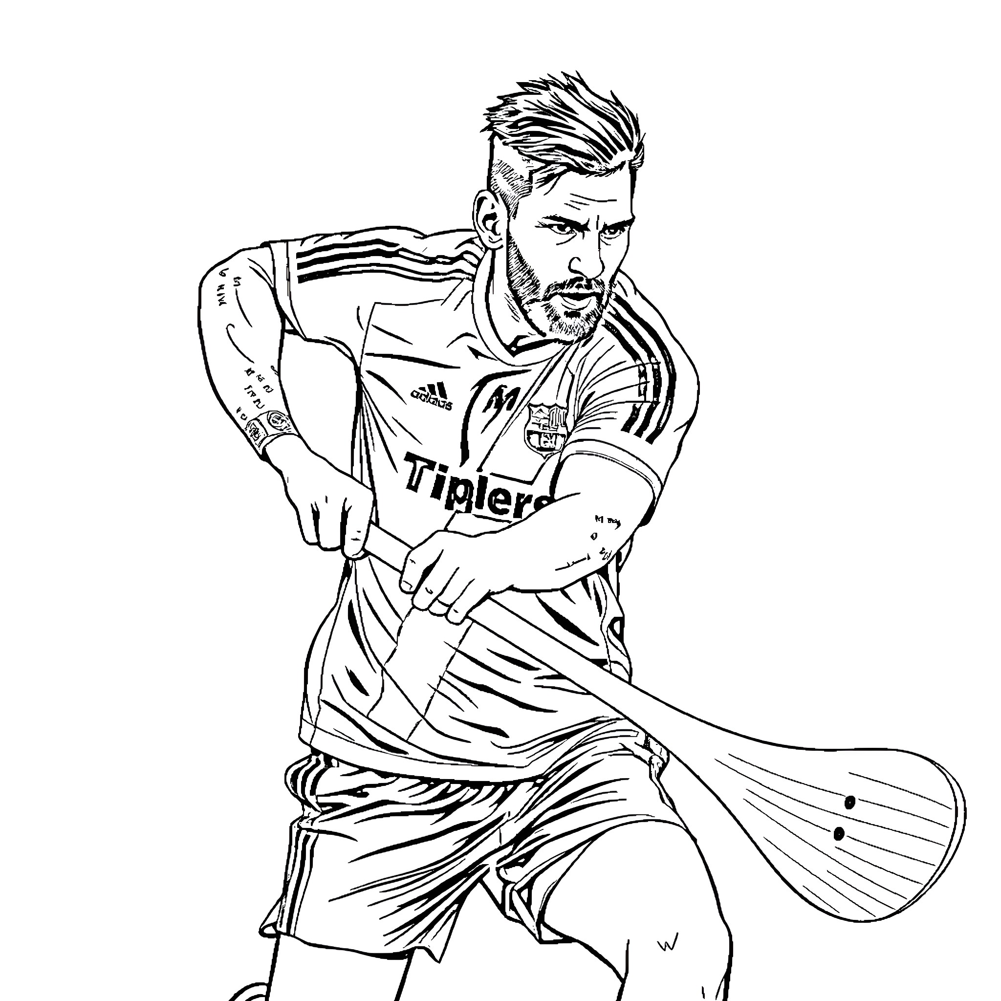 Messi Striking the Soccer Ball with Intensity Coloring Page (free black-and-white line drawing printable PDF for all, from beginners to advanced learners, including children, teens, adults, and seniors)