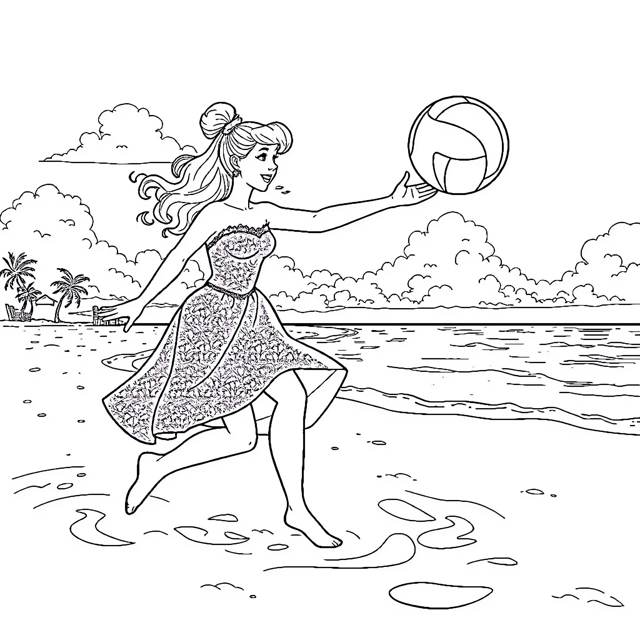 Cinderella playing joyfully with a beach ball on the shore Coloring Page (free black-and-white line drawing printable PDF for all, from beginners to advanced learners, including children, teens, adults, and seniors)