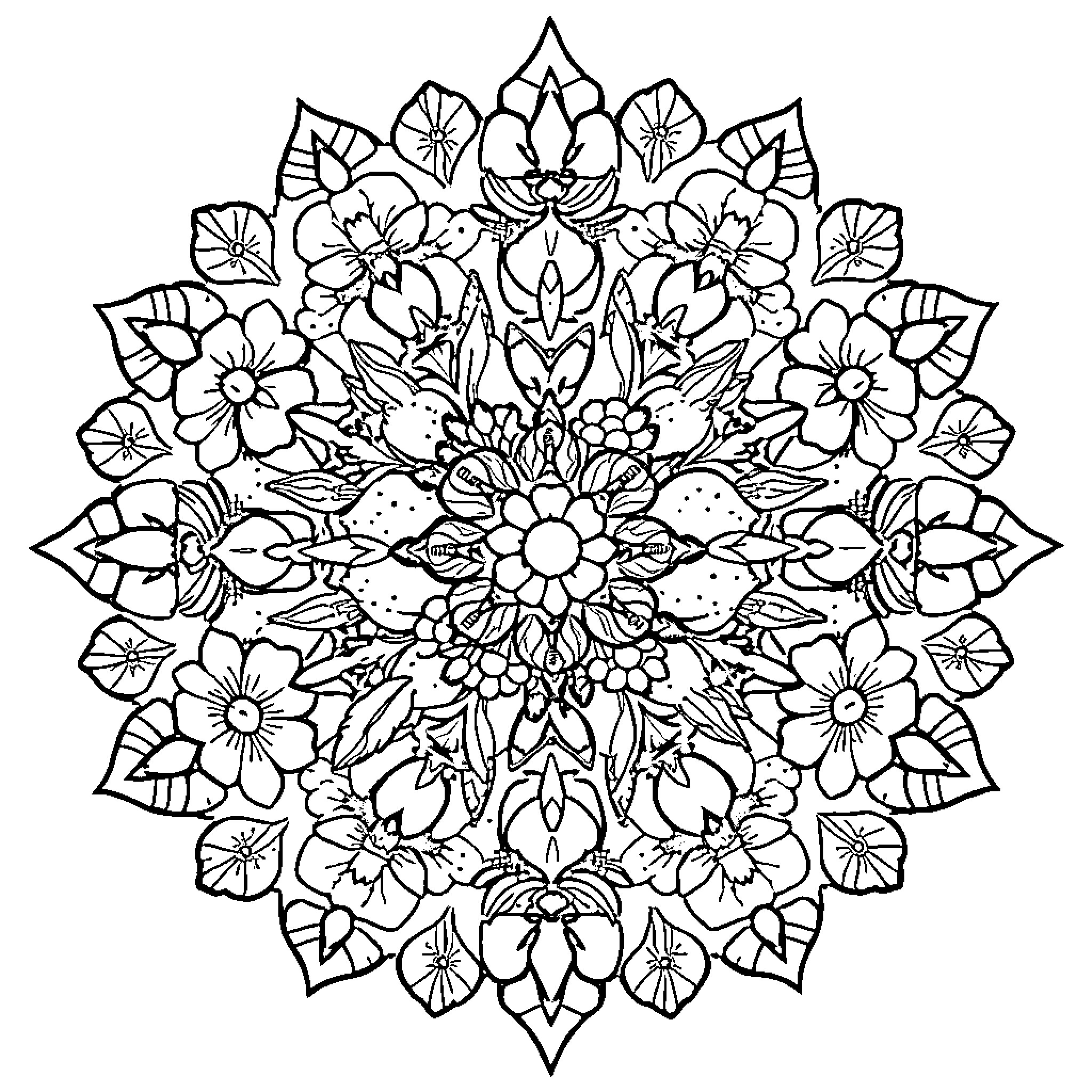 Fruit Mandala with Intricate Floral Designs Coloring Page (free black-and-white line drawing printable PDF for all, from beginners to advanced learners, including children, teens, adults, and seniors)