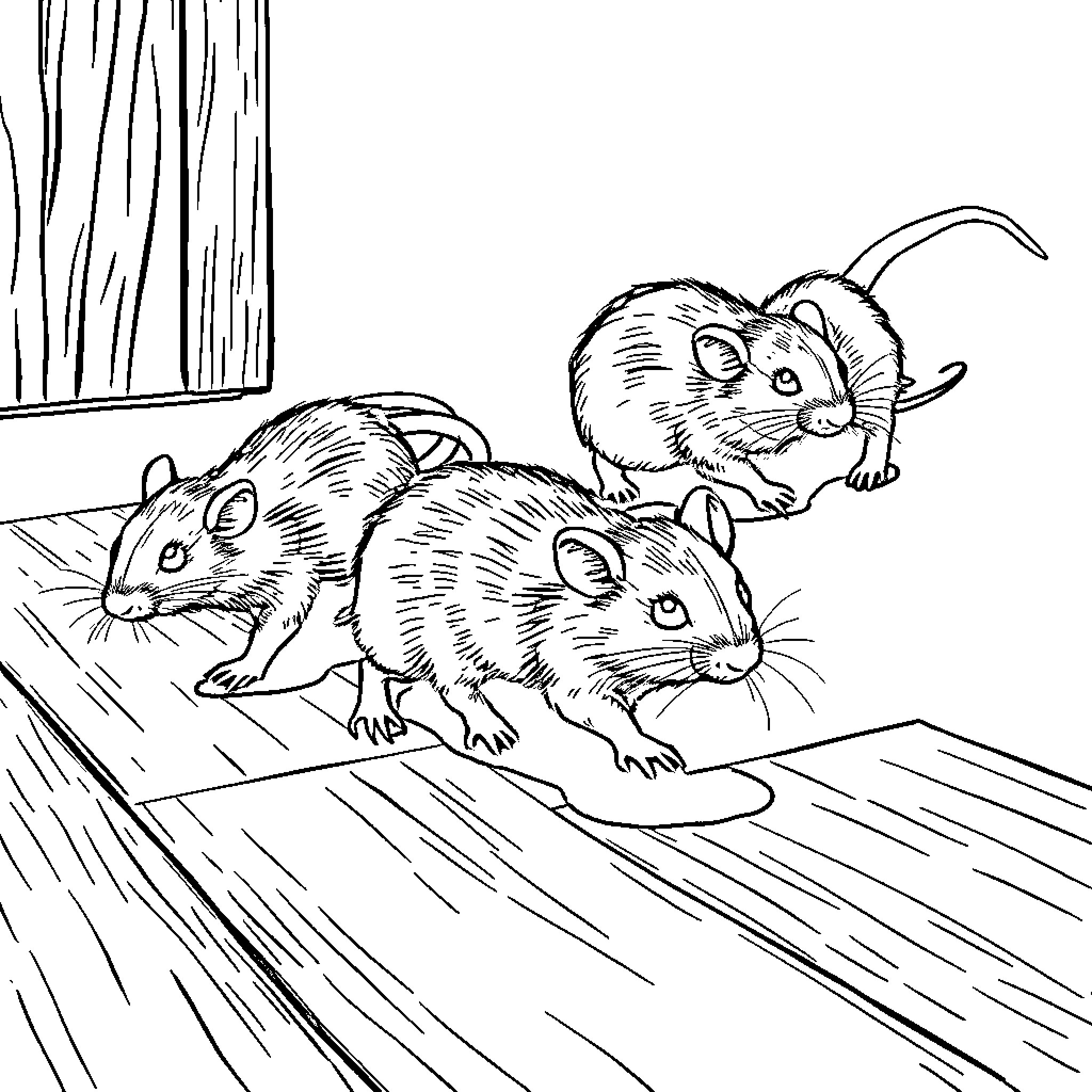 Rats scampering across a wooden floor Coloring Page (free black-and-white line drawing printable PDF for all, from beginners to advanced learners, including children, teens, adults, and seniors)