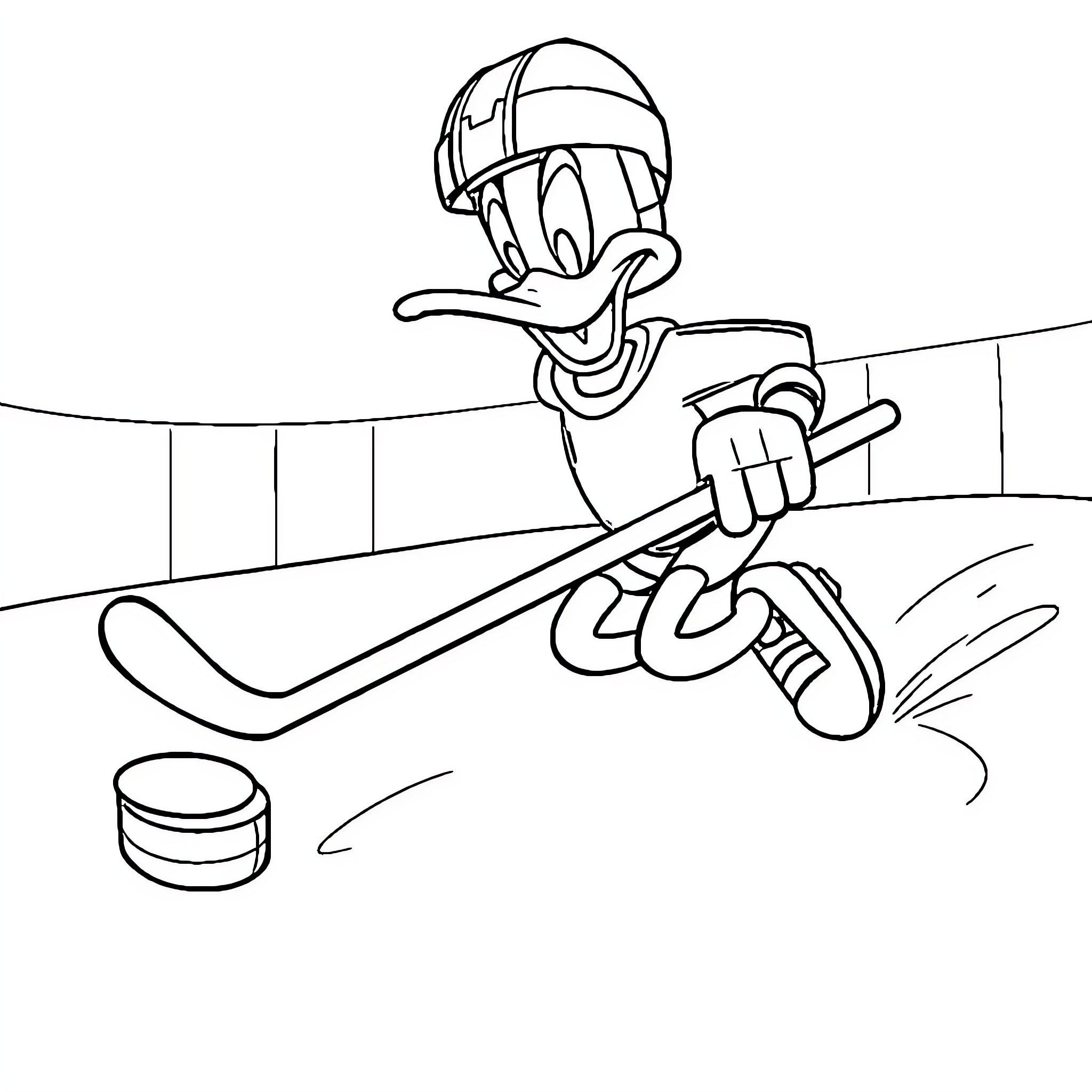 Daffy Duck playing hockey on ice rink Coloring Page (free black-and-white line drawing printable PDF for all, from beginners to advanced learners, including children, teens, adults, and seniors)