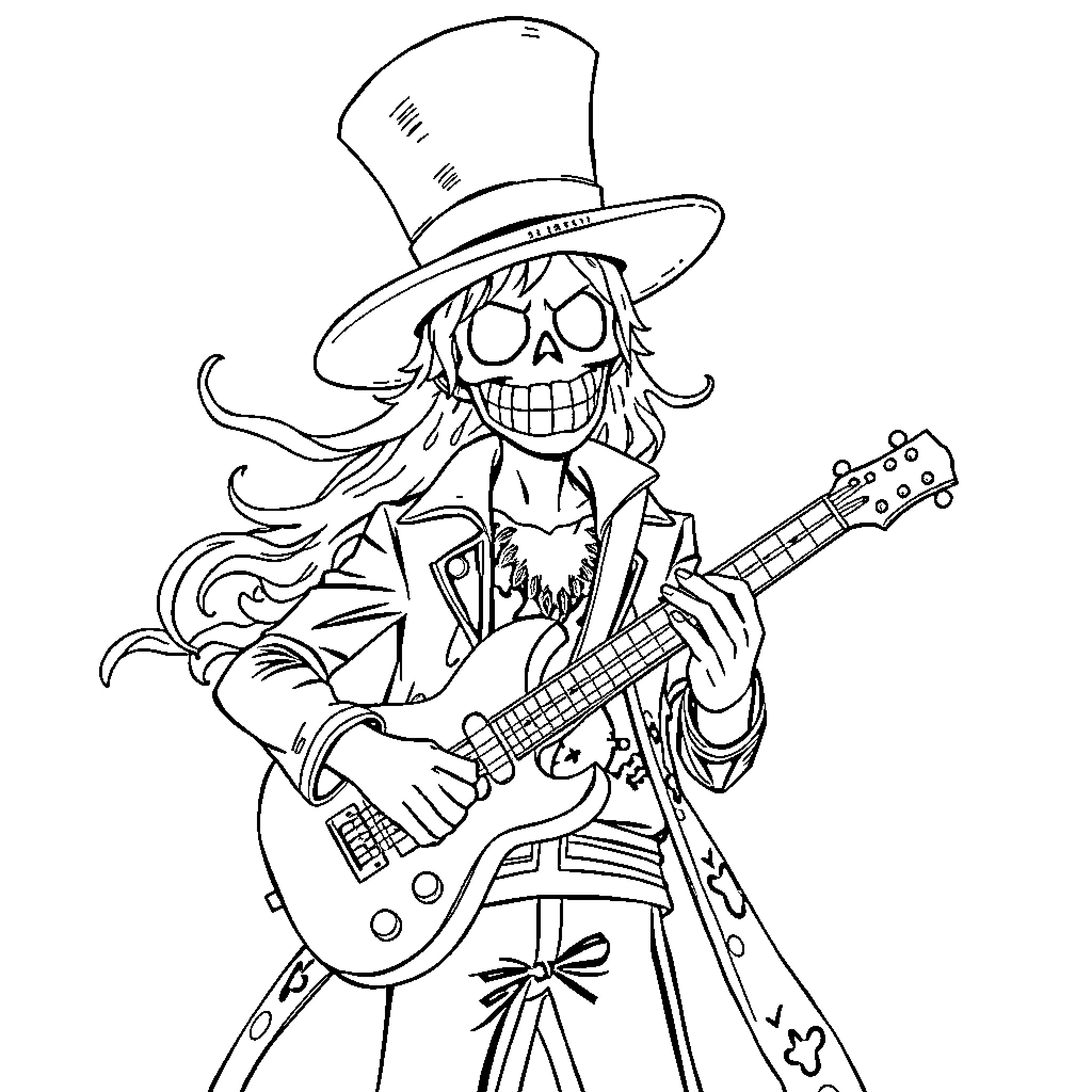 Brook's Ghostly Guitarist Coloring Page (free black-and-white line drawing printable PDF for all, from beginners to advanced learners, including children, teens, adults, and seniors)