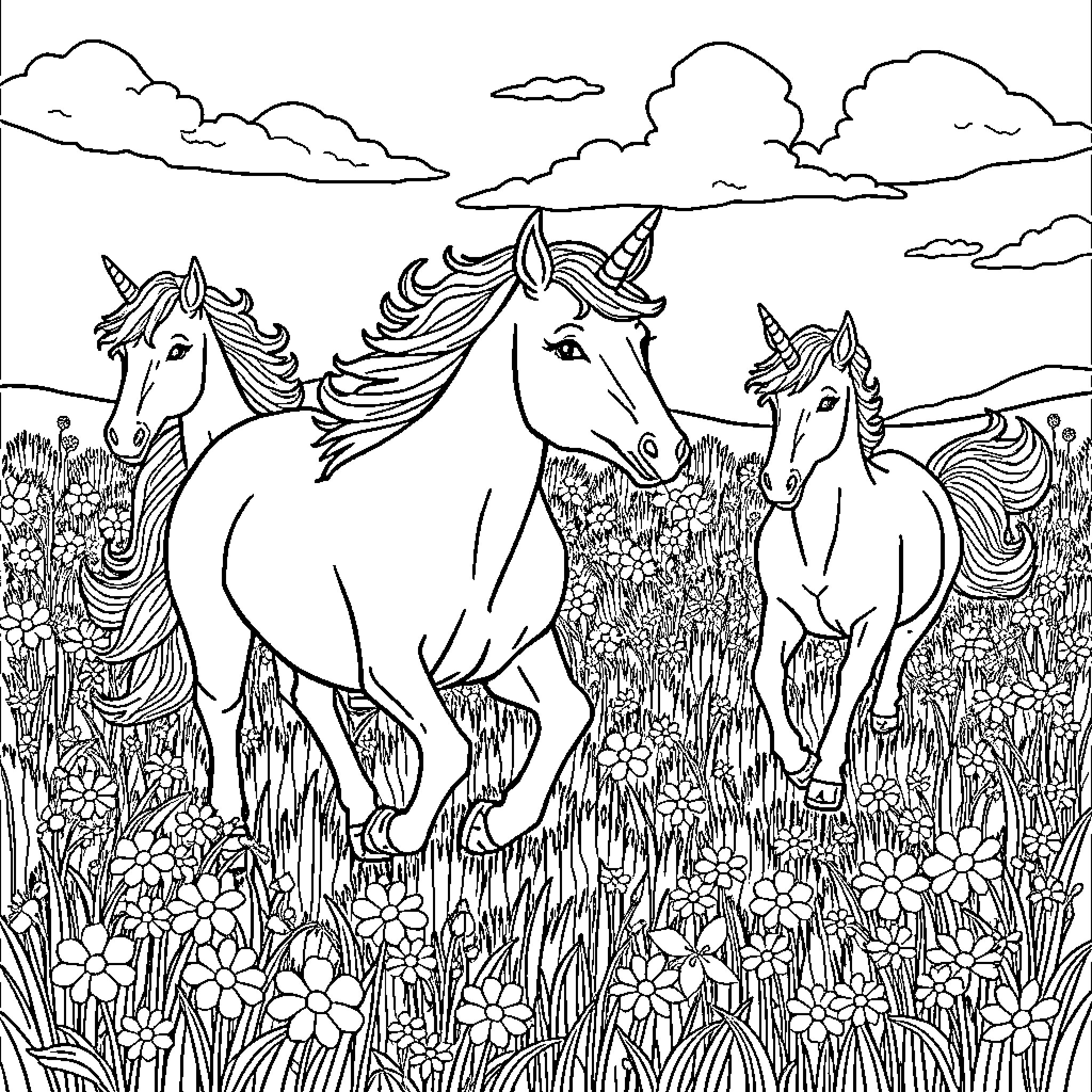 Unicorn Trio Frolicking in Meadow Coloring Page (free black-and-white line drawing printable PDF for all, from beginners to advanced learners, including children, teens, adults, and seniors)