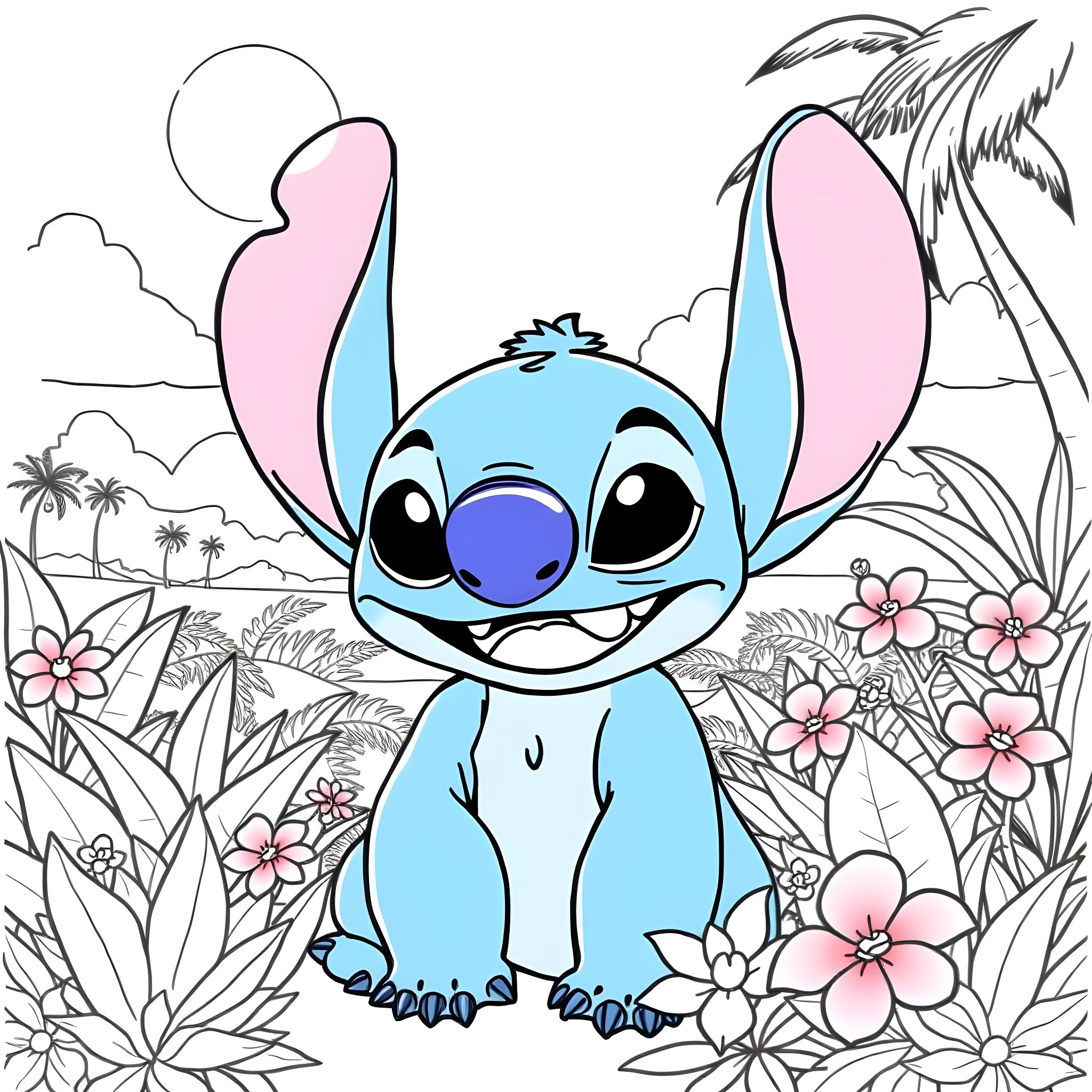Stitch surrounded by flowers and nature Coloring Page (free black-and-white line drawing printable PDF for all, from beginners to advanced learners, including children, teens, adults, and seniors)
