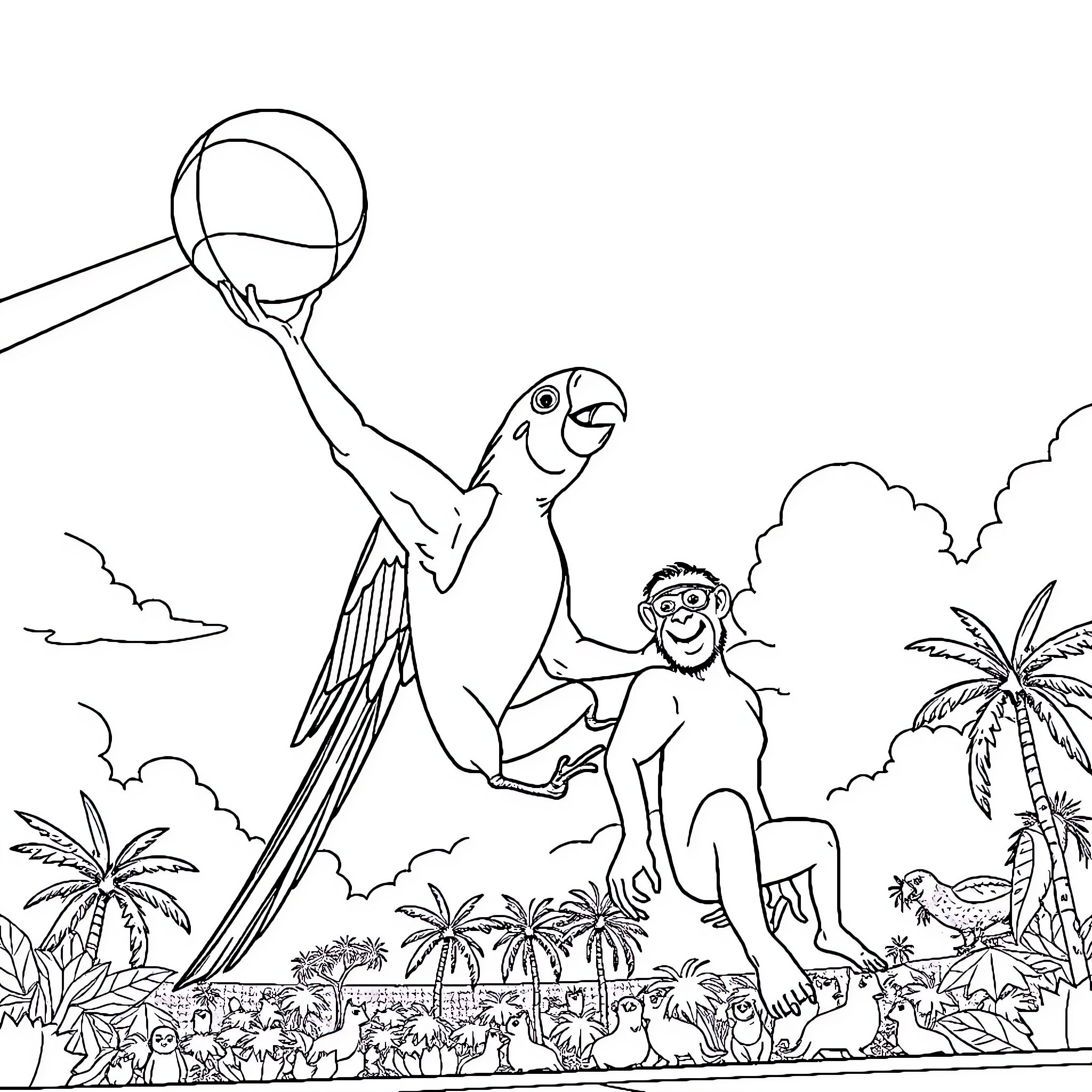 Animal friends playing in the jungle Coloring Page (free black-and-white line drawing printable PDF for all, from beginners to advanced learners, including children, teens, adults, and seniors)