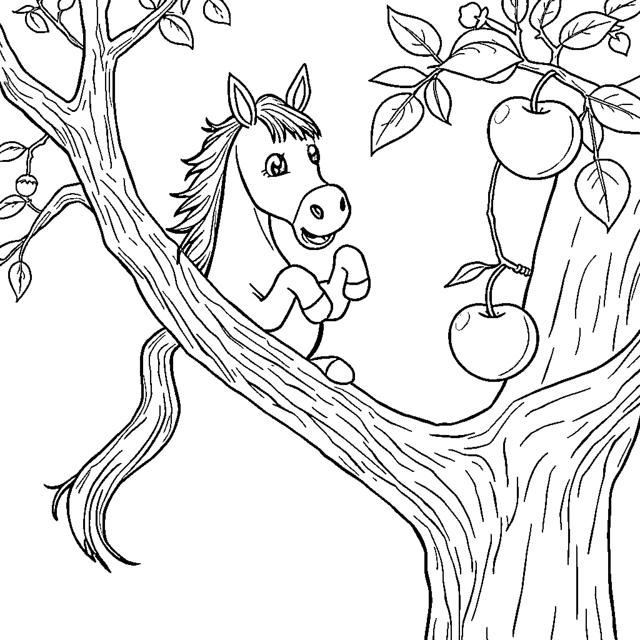 Horse Playing Happily in Orchard Coloring Page (free black-and-white line drawing printable PDF for all, from beginners to advanced learners, including children, teens, adults, and seniors)
