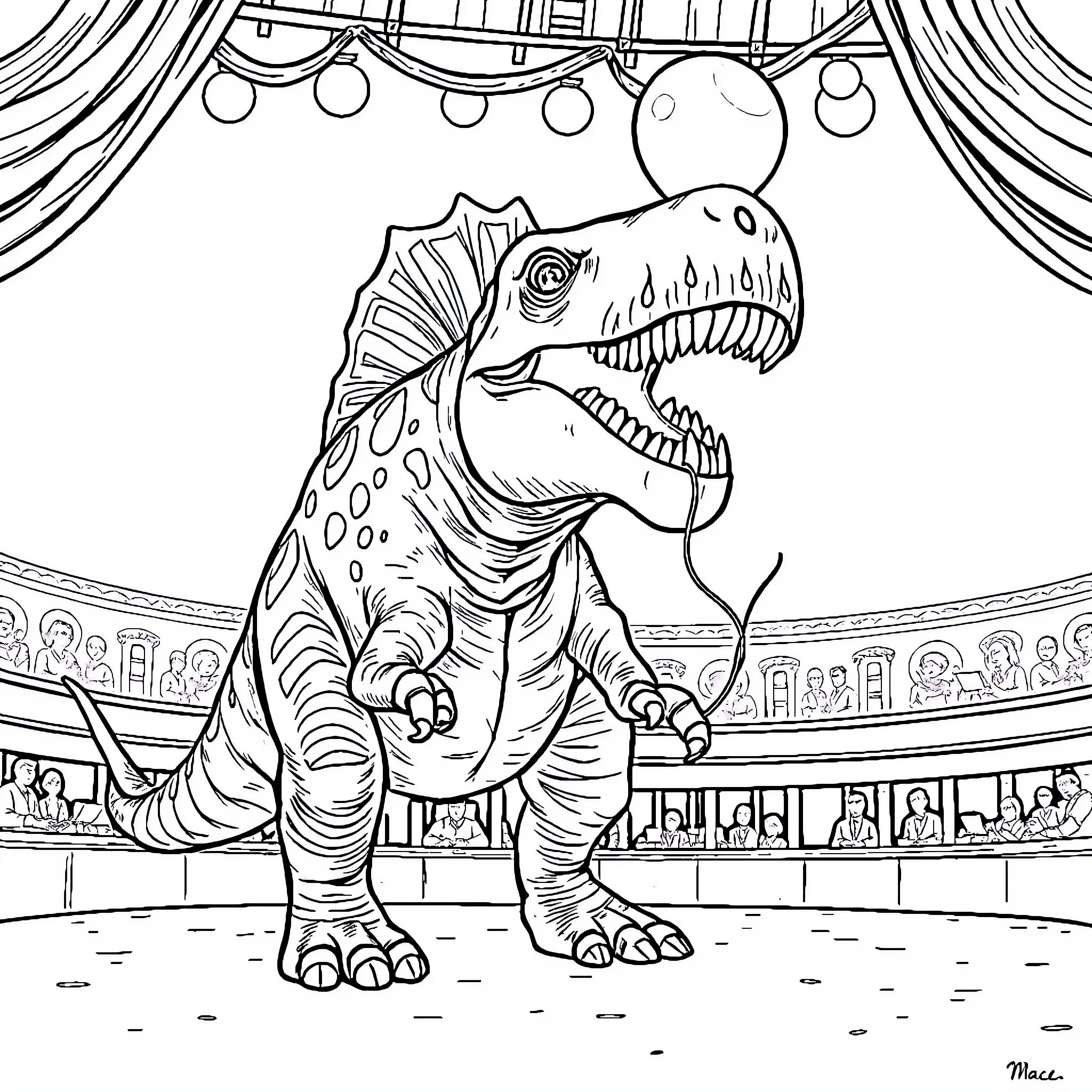 Tyrannosaurus performing in a circus arena Coloring Page (free black-and-white line drawing printable PDF for all, from beginners to advanced learners, including children, teens, adults, and seniors)