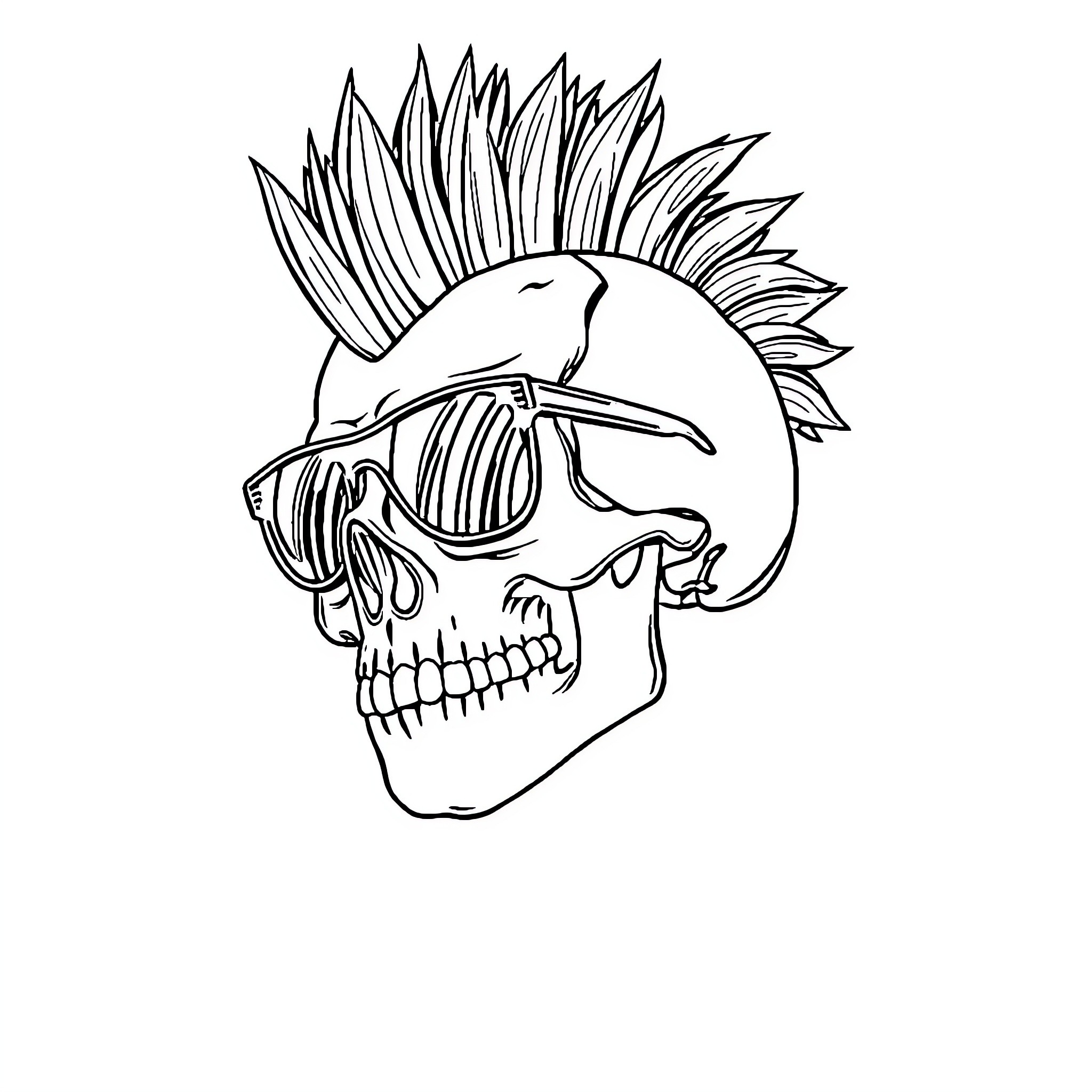 Skull with Mohawk and Sunglasses Coloring Page (free black-and-white line drawing printable PDF for all, from beginners to advanced learners, including children, teens, adults, and seniors)