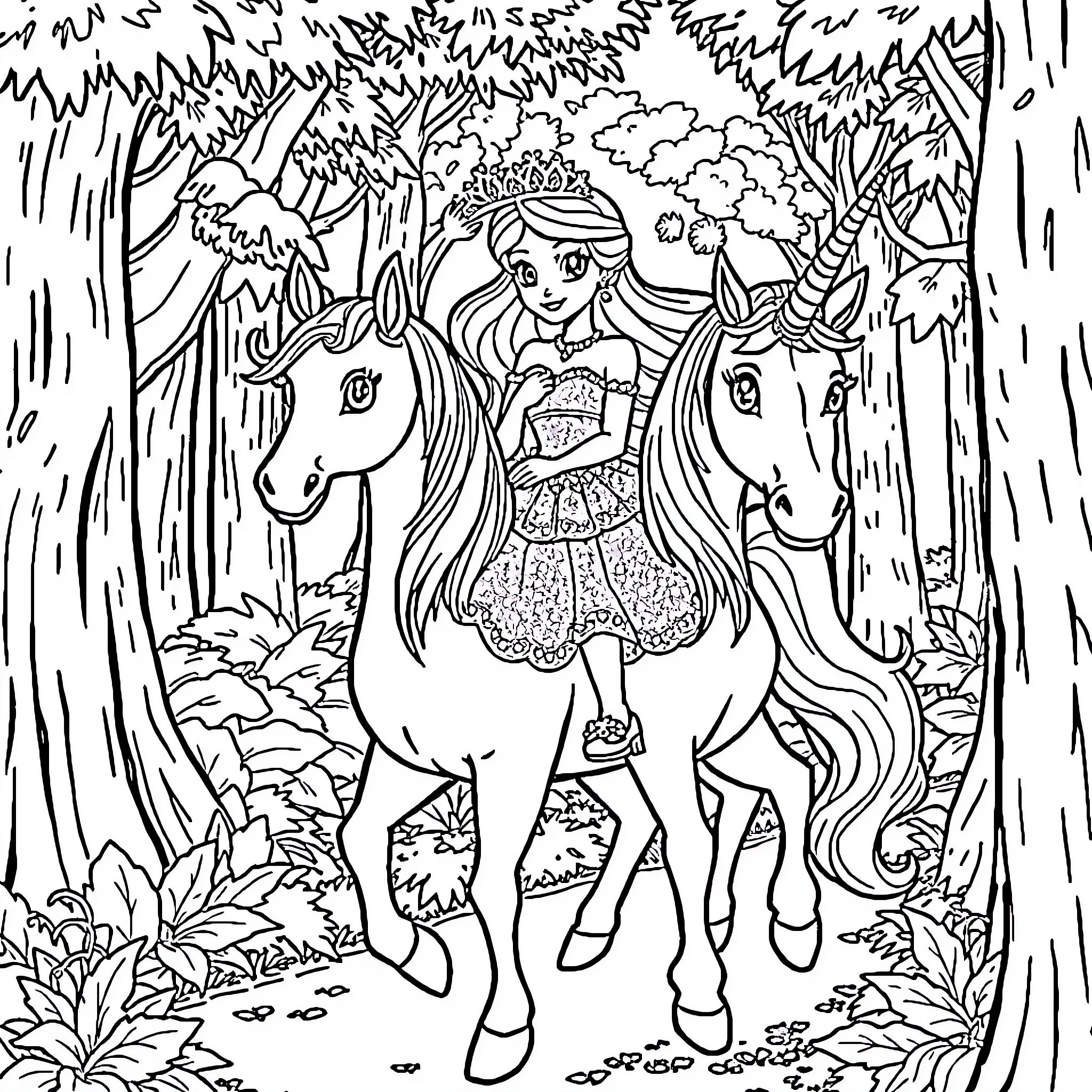 Princess Riding Majestic Unicorns in the Enchanted Forest Coloring Page (free black-and-white line drawing printable PDF for all, from beginners to advanced learners, including children, teens, adults, and seniors)