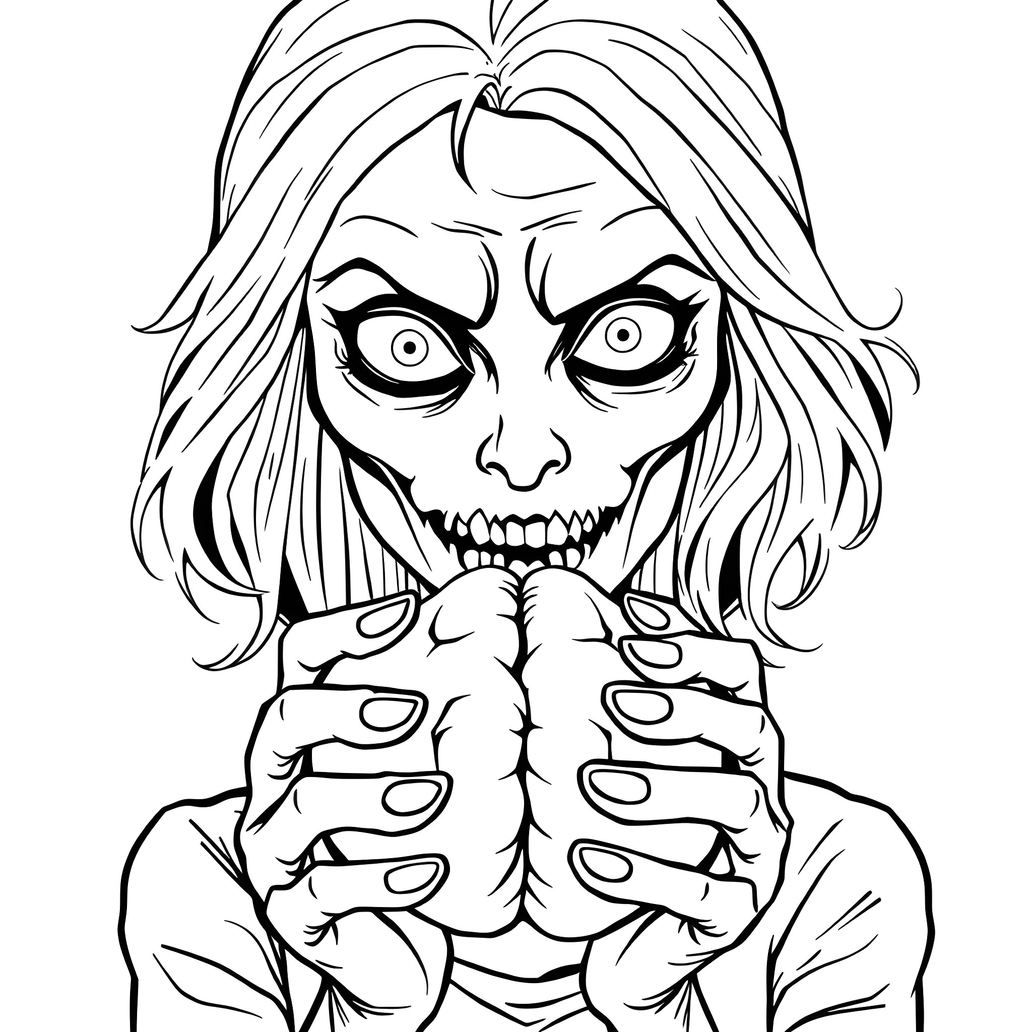 Zombie's menacing expression and distorted features Coloring Page (free black-and-white line drawing printable PDF for all, from beginners to advanced learners, including children, teens, adults, and seniors)