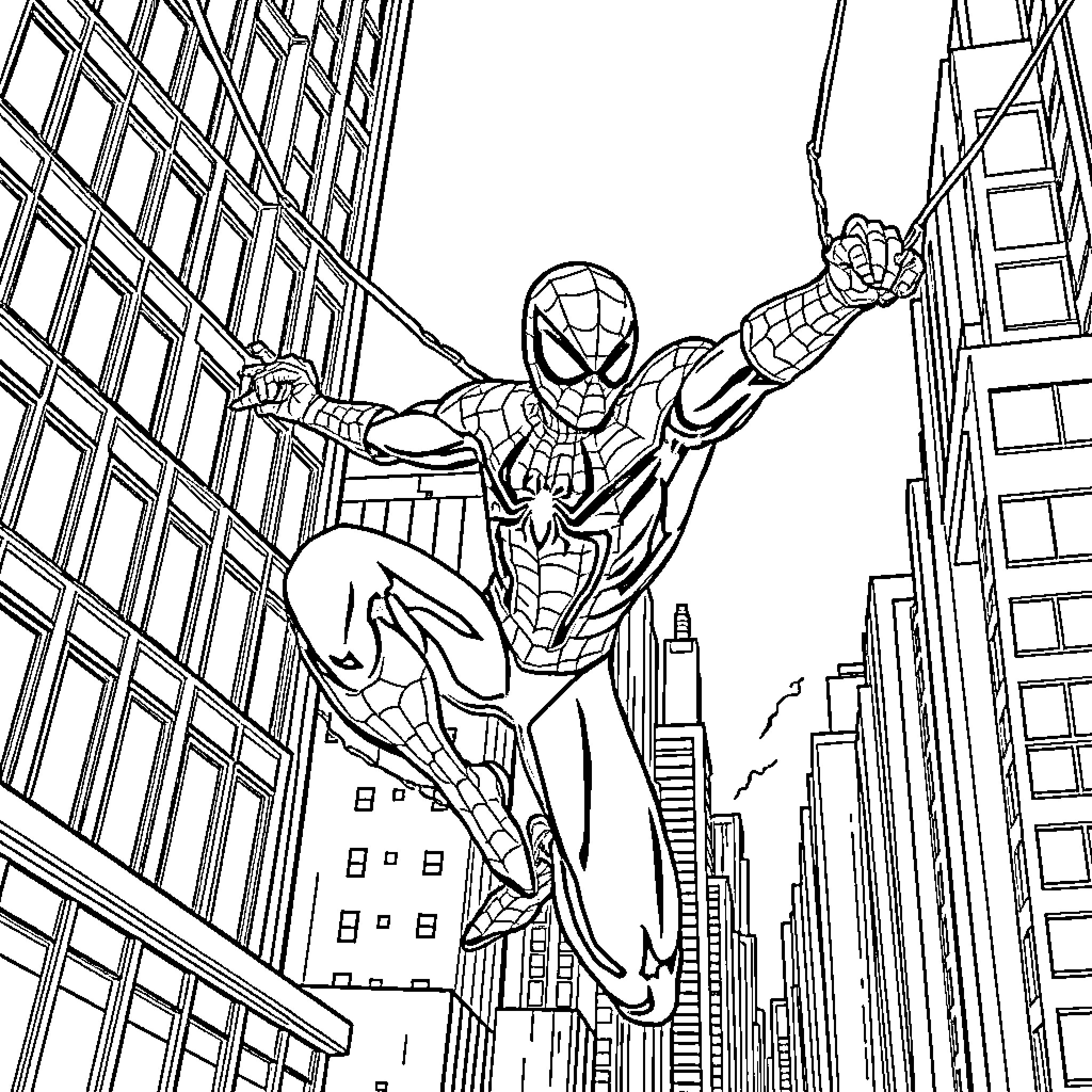 Spiderman swinging through the city skyline Coloring Page (free black-and-white line drawing printable PDF for all, from beginners to advanced learners, including children, teens, adults, and seniors)