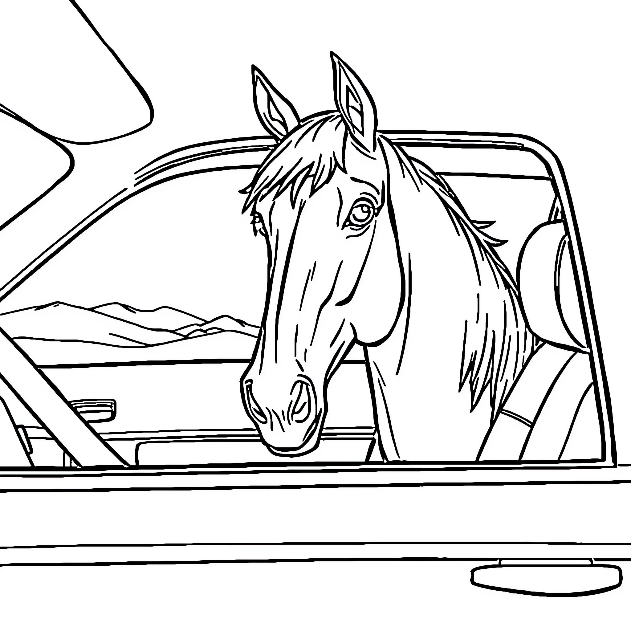Horse peeking out from car window Coloring Page (free black-and-white line drawing printable PDF for all, from beginners to advanced learners, including children, teens, adults, and seniors)