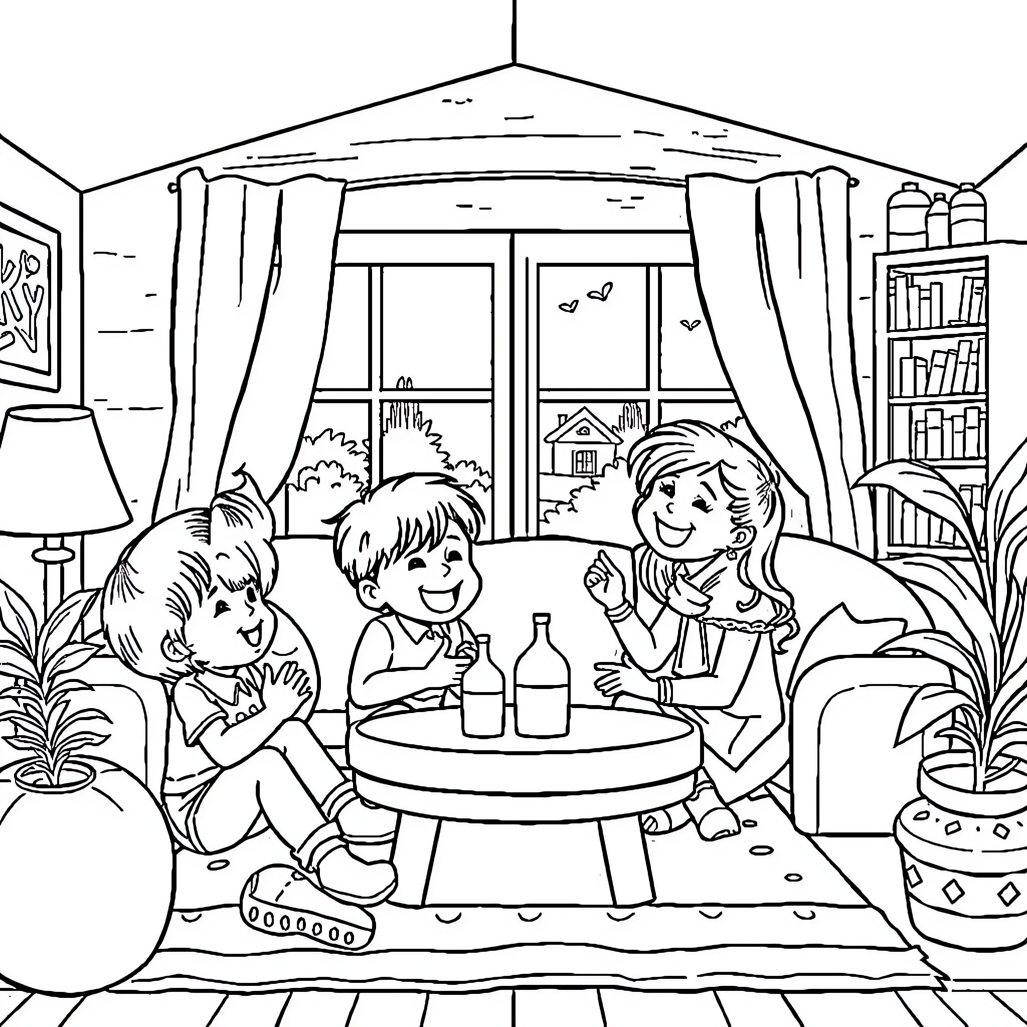 Kids having a cozy indoor gathering Coloring Page (free black-and-white line drawing printable PDF for all, from beginners to advanced learners, including children, teens, adults, and seniors)