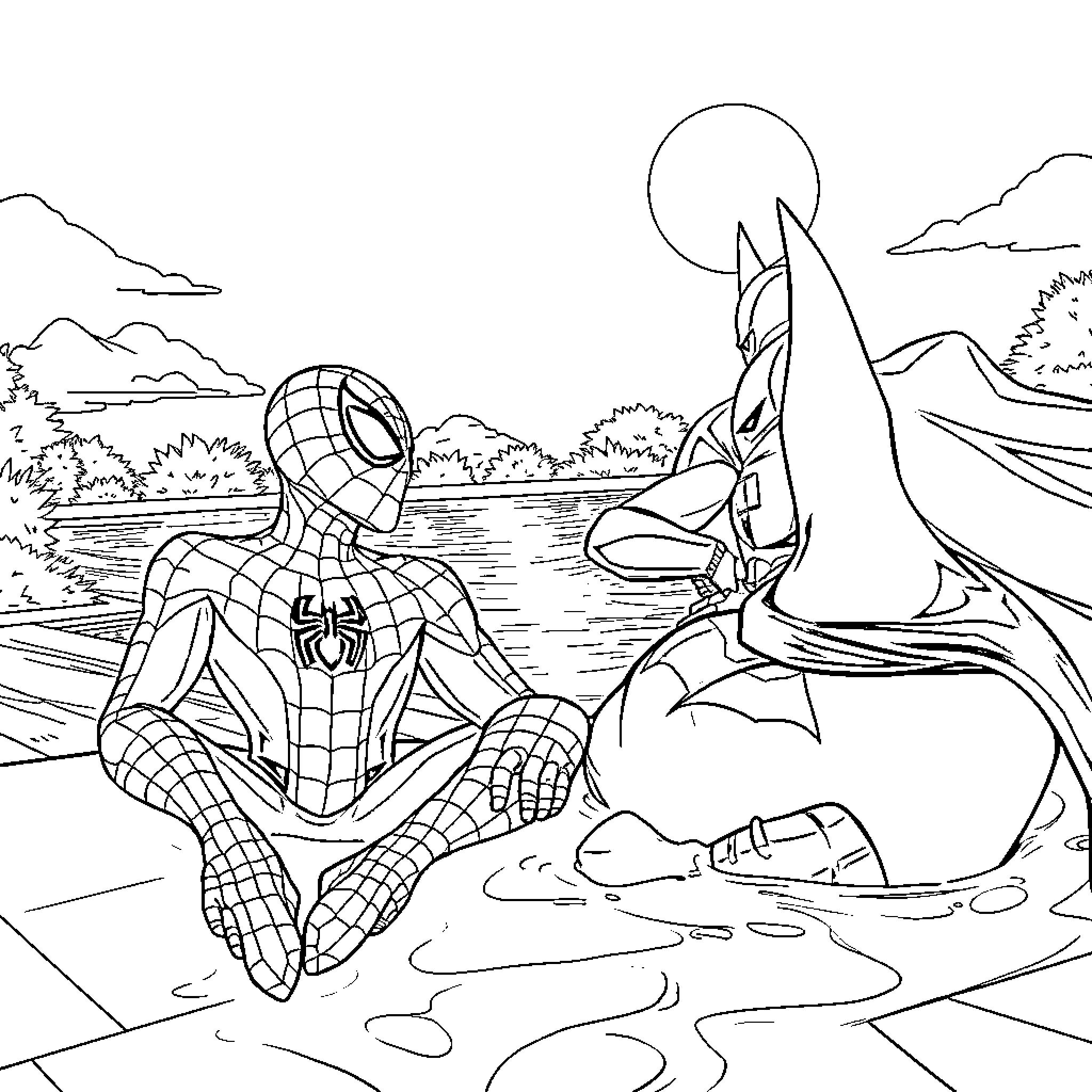 Spiderman meditating peacefully in nature Coloring Page (free black-and-white line drawing printable PDF for all, from beginners to advanced learners, including children, teens, adults, and seniors)