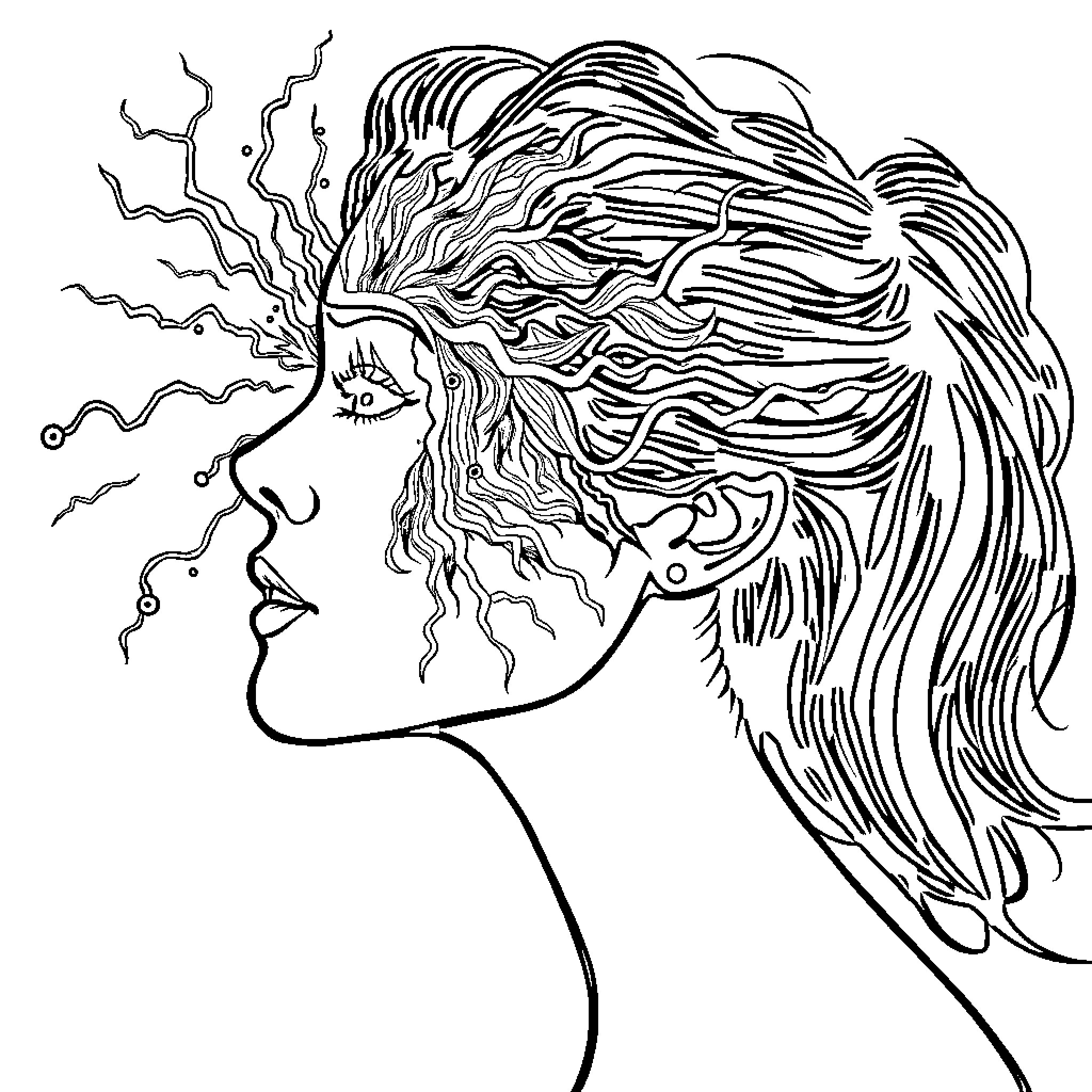 Woman with flowing and dynamic hair Coloring Page (free black-and-white line drawing printable PDF for all, from beginners to advanced learners, including children, teens, adults, and seniors)