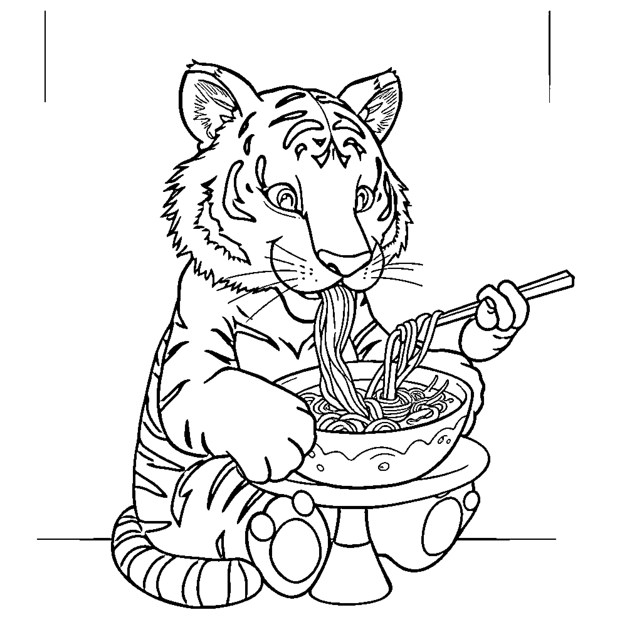 Tiger eating noodles with chopsticks Coloring Page (free black-and-white line drawing printable PDF for all, from beginners to advanced learners, including children, teens, adults, and seniors)